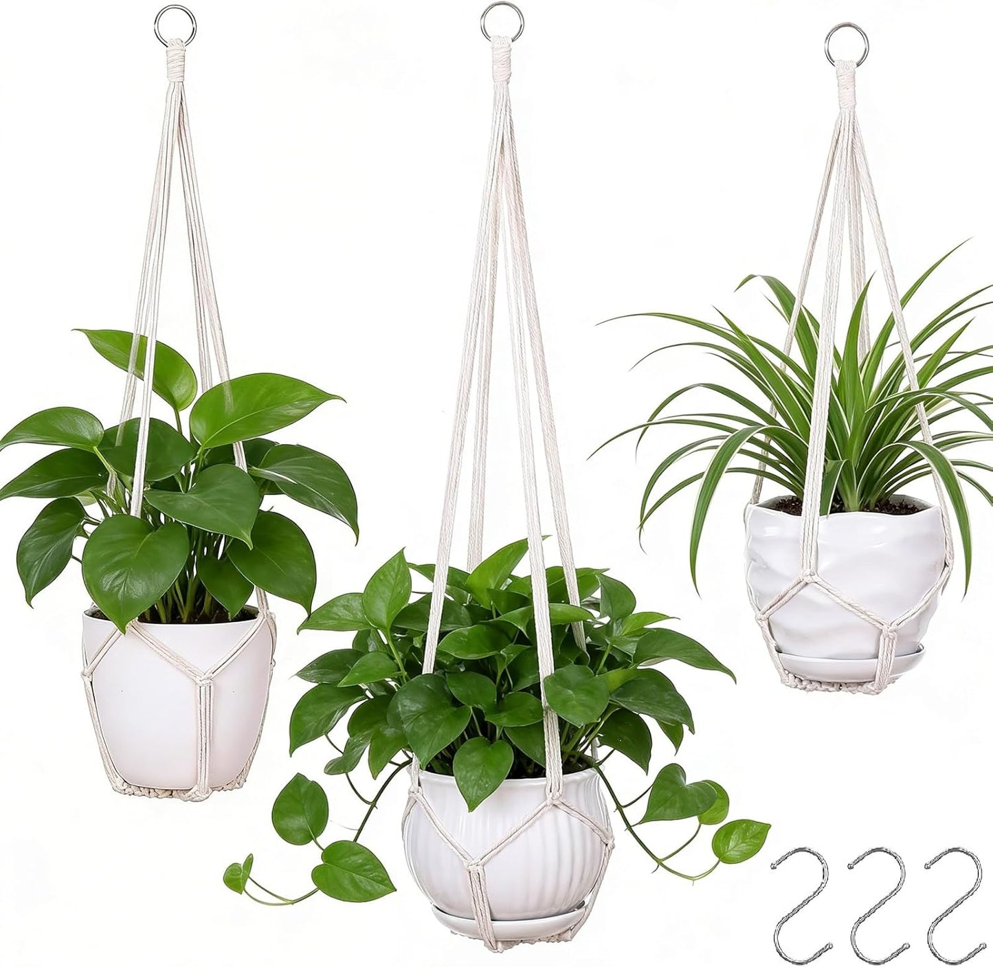 3 Cestas Colgantes Macramé para Plantas Interiores 35/29/23pulg