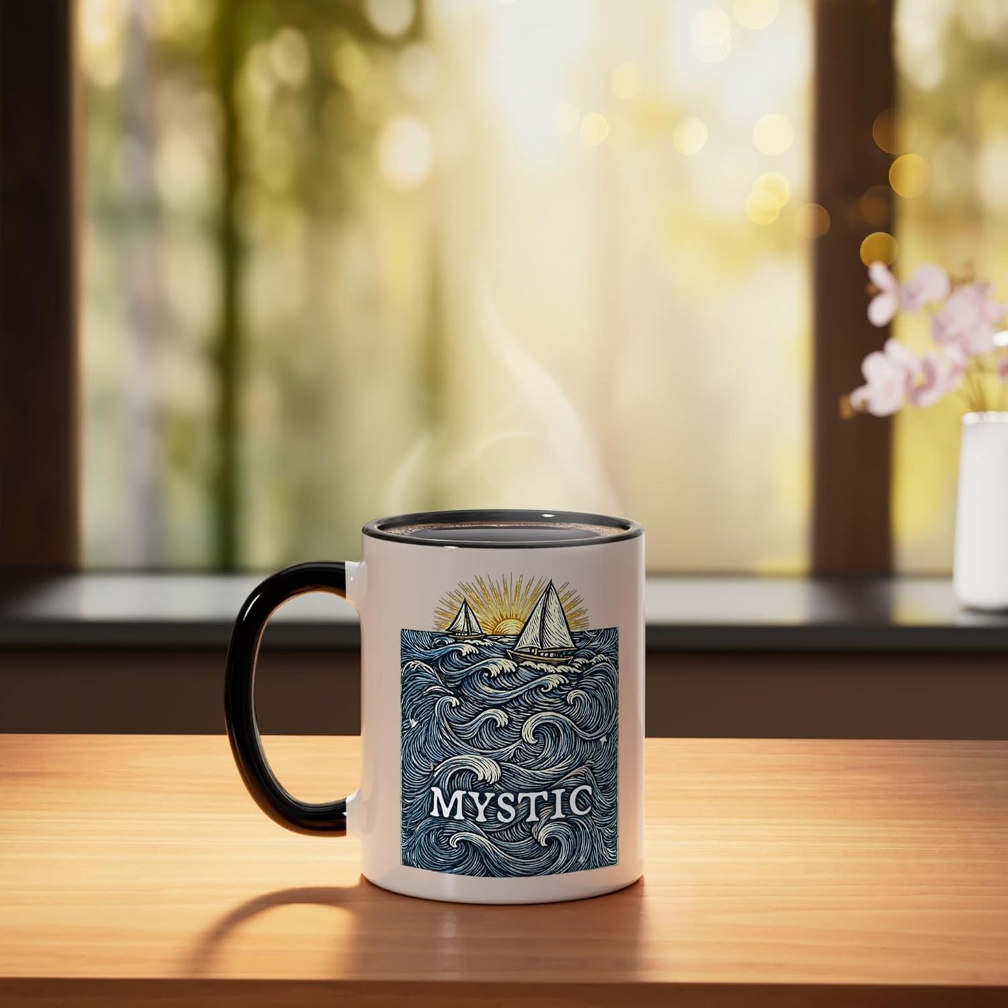 Taza Cerámica Barco Velero Sol Ola Negro Blanco