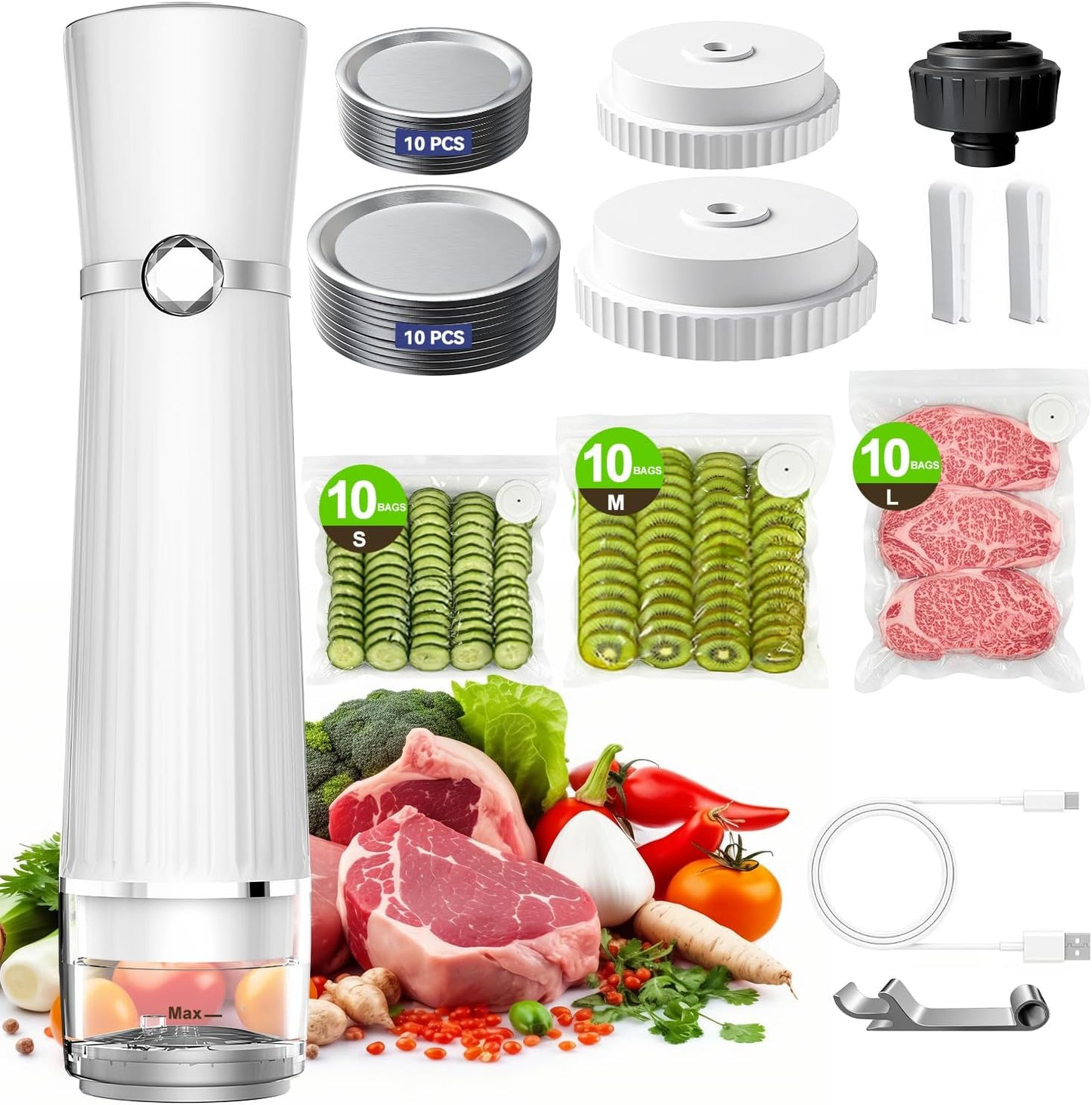 Sellador al vacío compacto 30 bolsas reutilizables 20 tapas Mason