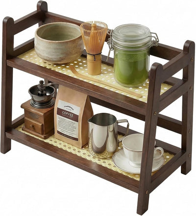 Estación de madera matcha organizador 2 niveles para barra de café soporte tazas marrón oscuro