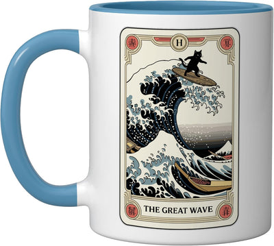 Taza Cerámica Tarot Japonesa Gato Ola Kanagawa Azul/Blanco