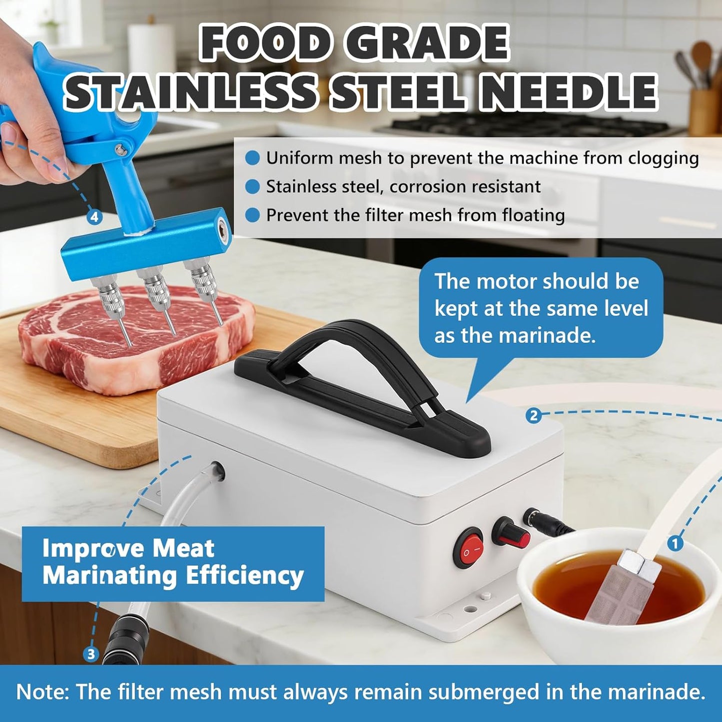 Inyector de carne eléctrico 60W con manguera y 20 agujas