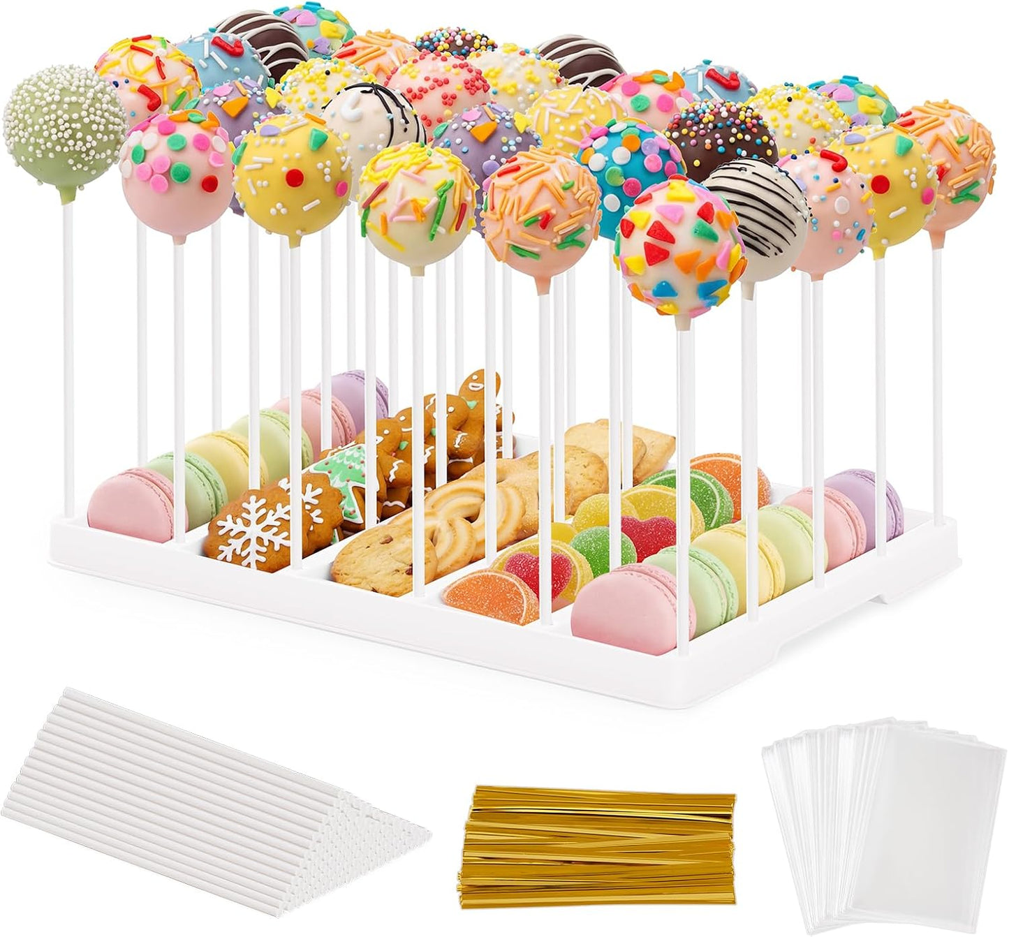Soporte pasteles 30 agujeros con palitos y lazos dorados