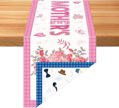 Camino de mesa de lino doble cara con flores rosas y trajes azules