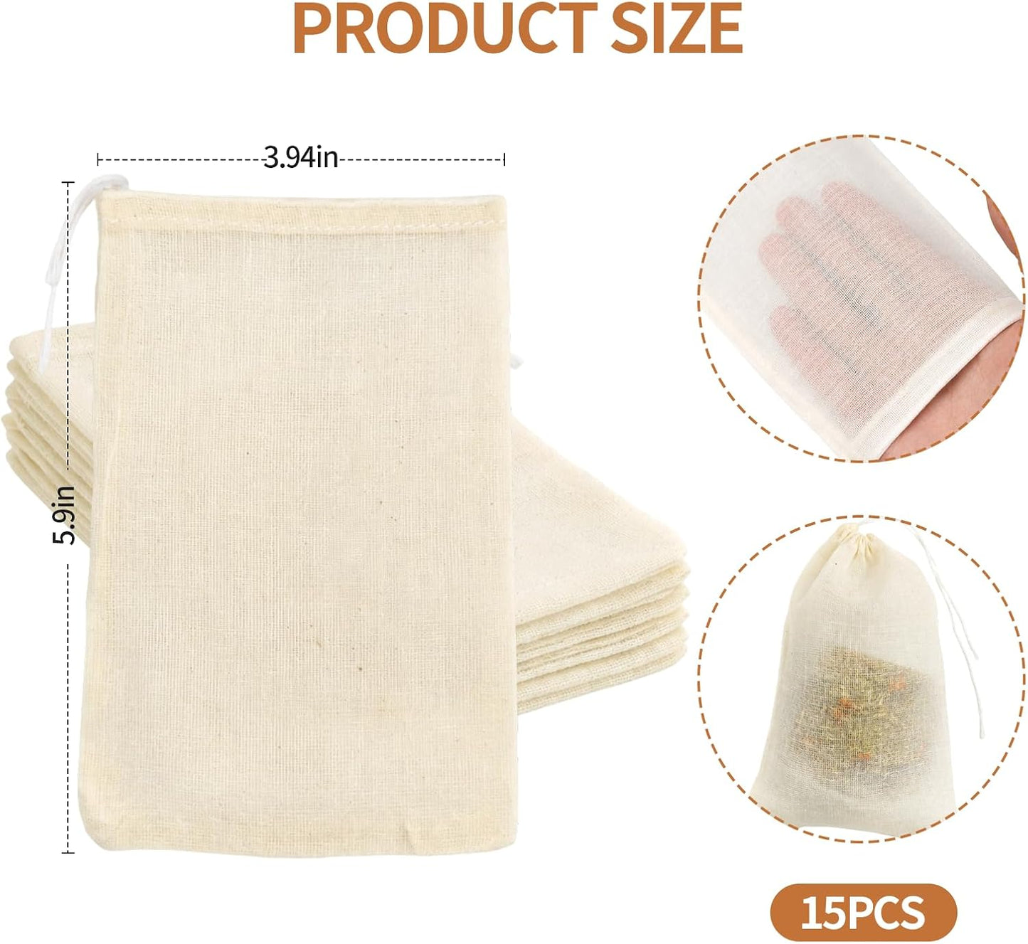 Bolsas de muselina para especias 4 x 6 pulgadas sin blanquear con cordón reutilizables