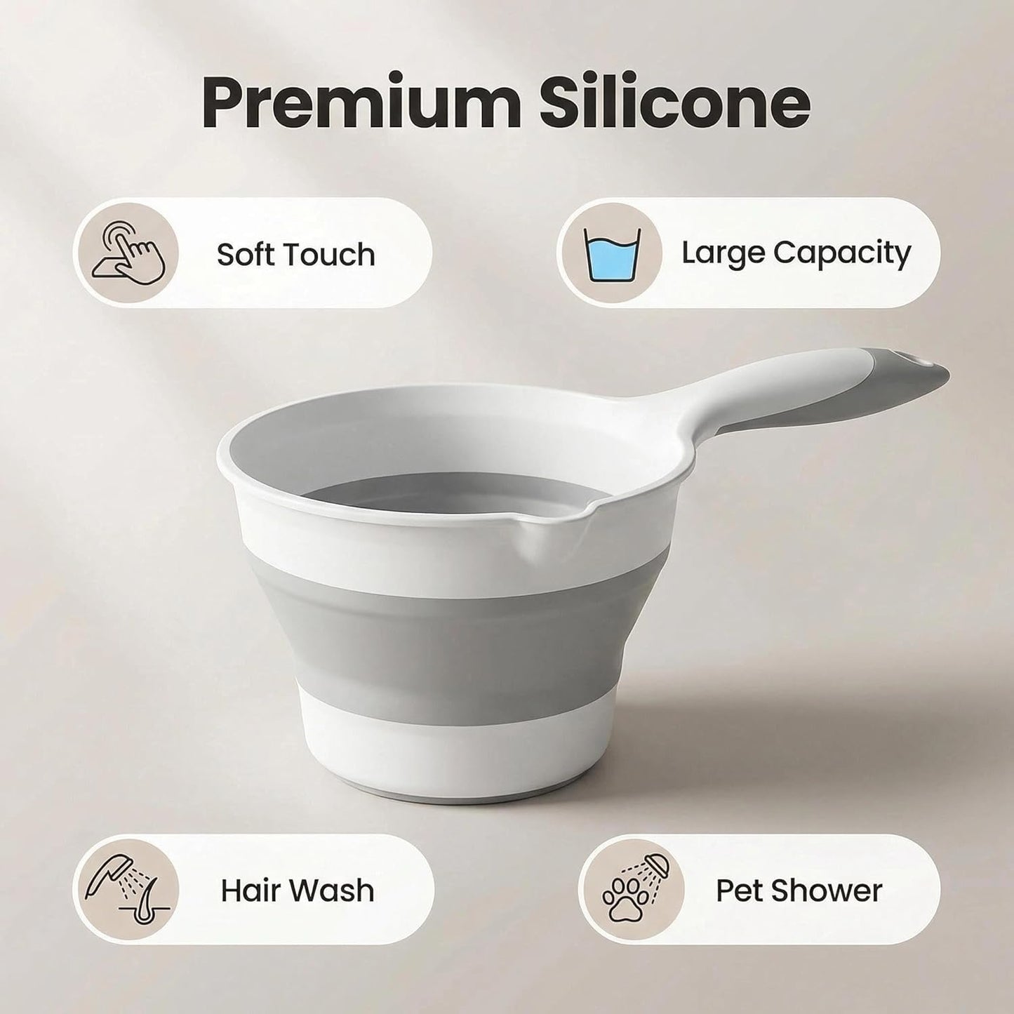 Taza de enjuague de baño de silicona con vertedor gris y blanca para cabello y mascotas