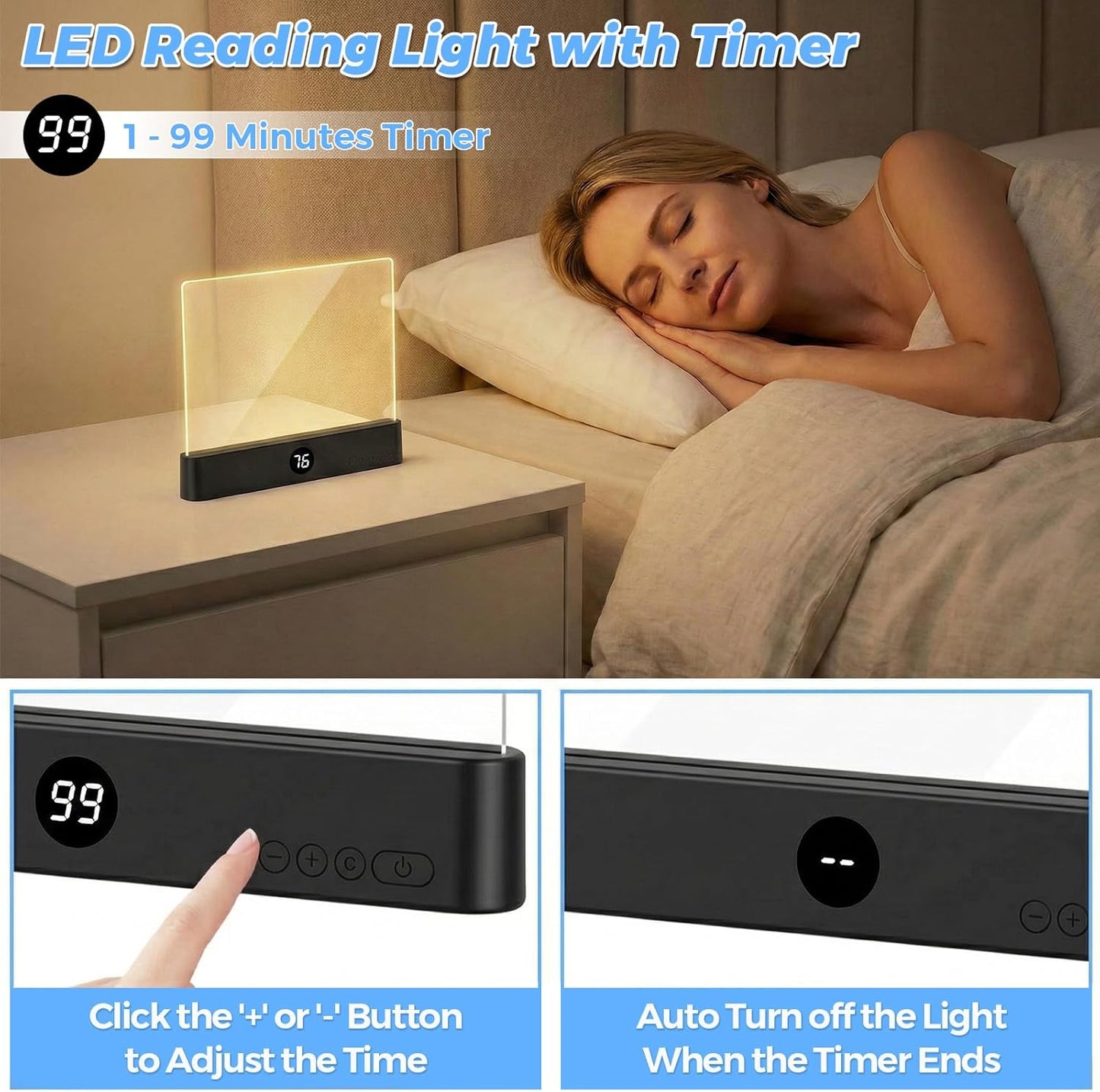 Luz LED recargable para leer en la cama con brillo ajustable negro