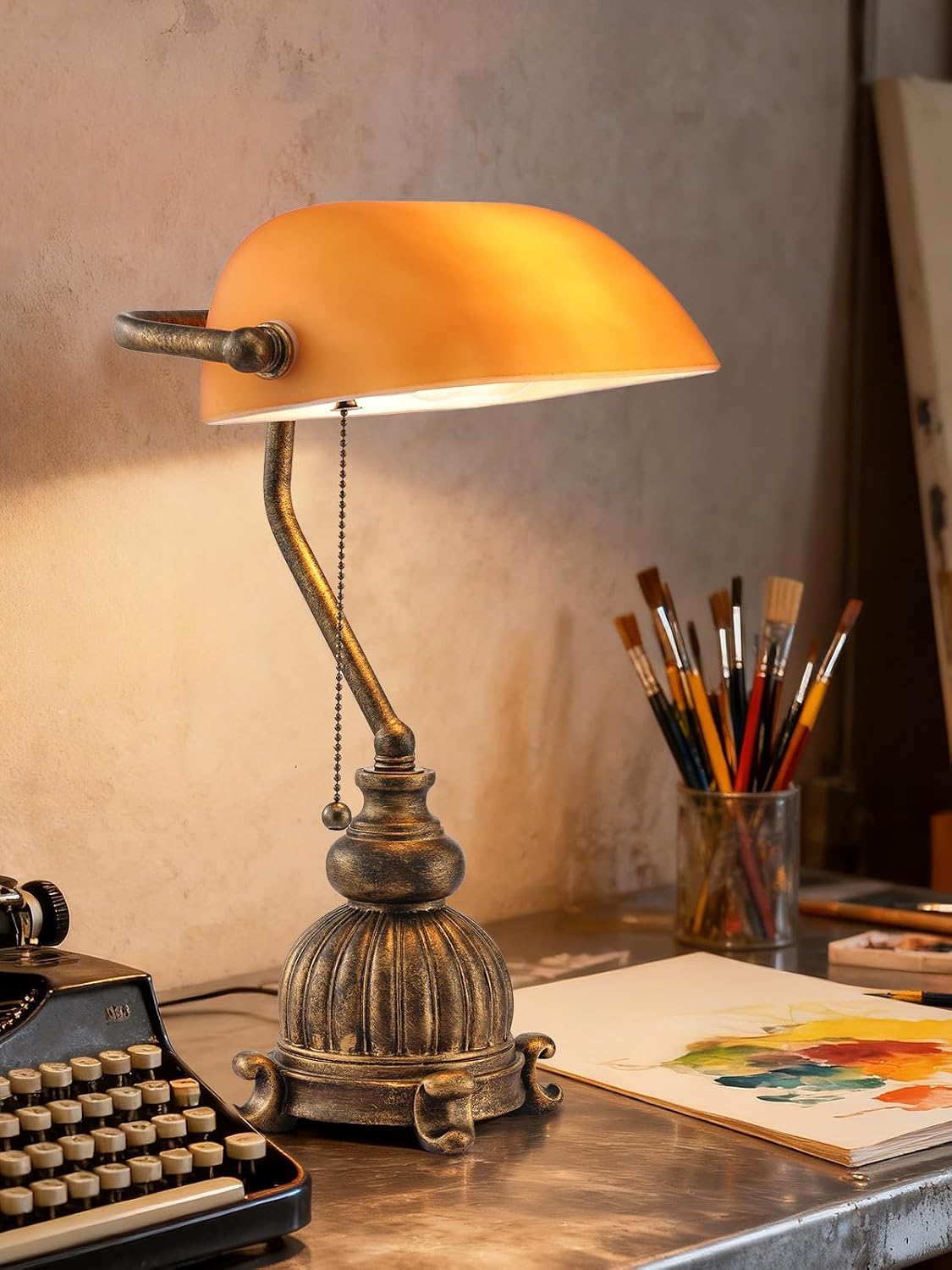 Lámpara escritorio cristal ámbar interruptor cadena enchufable LED