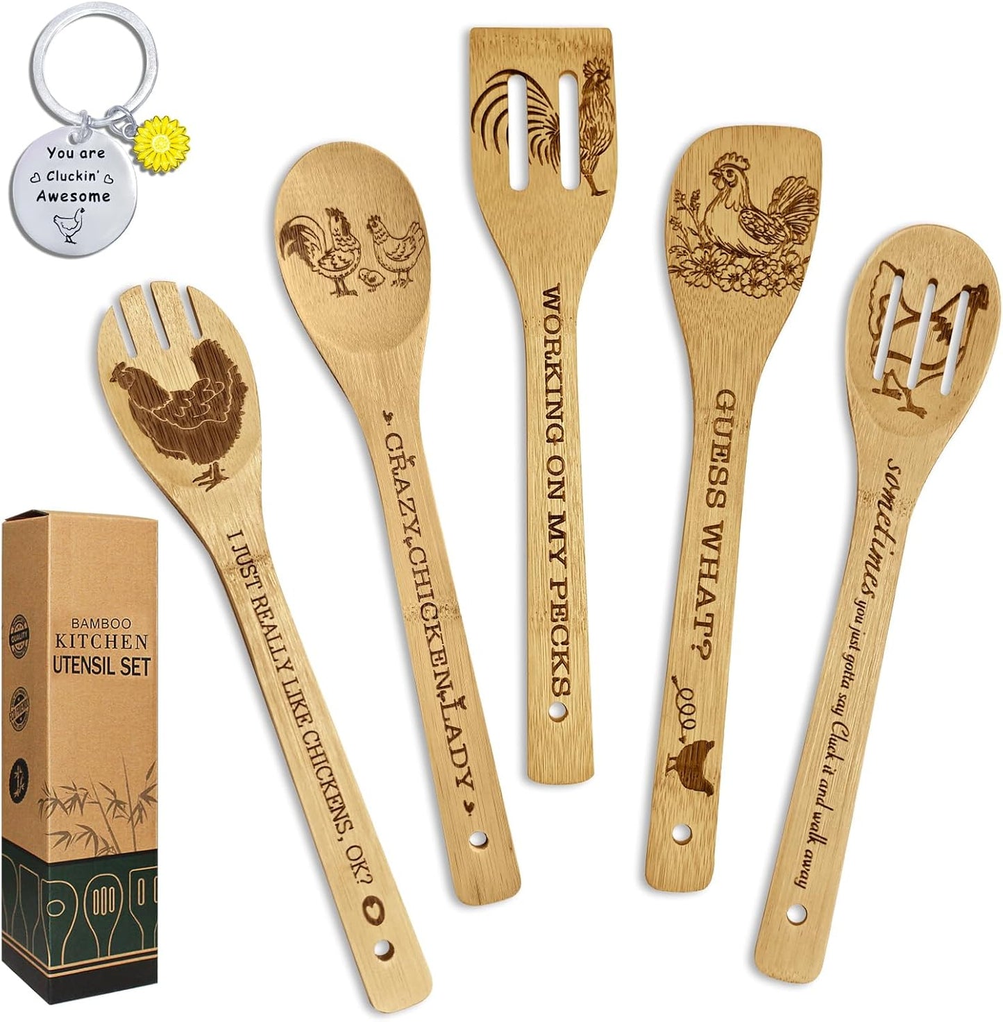 Set 6 cucharas bambú estampado pollo llavero decoración cocina