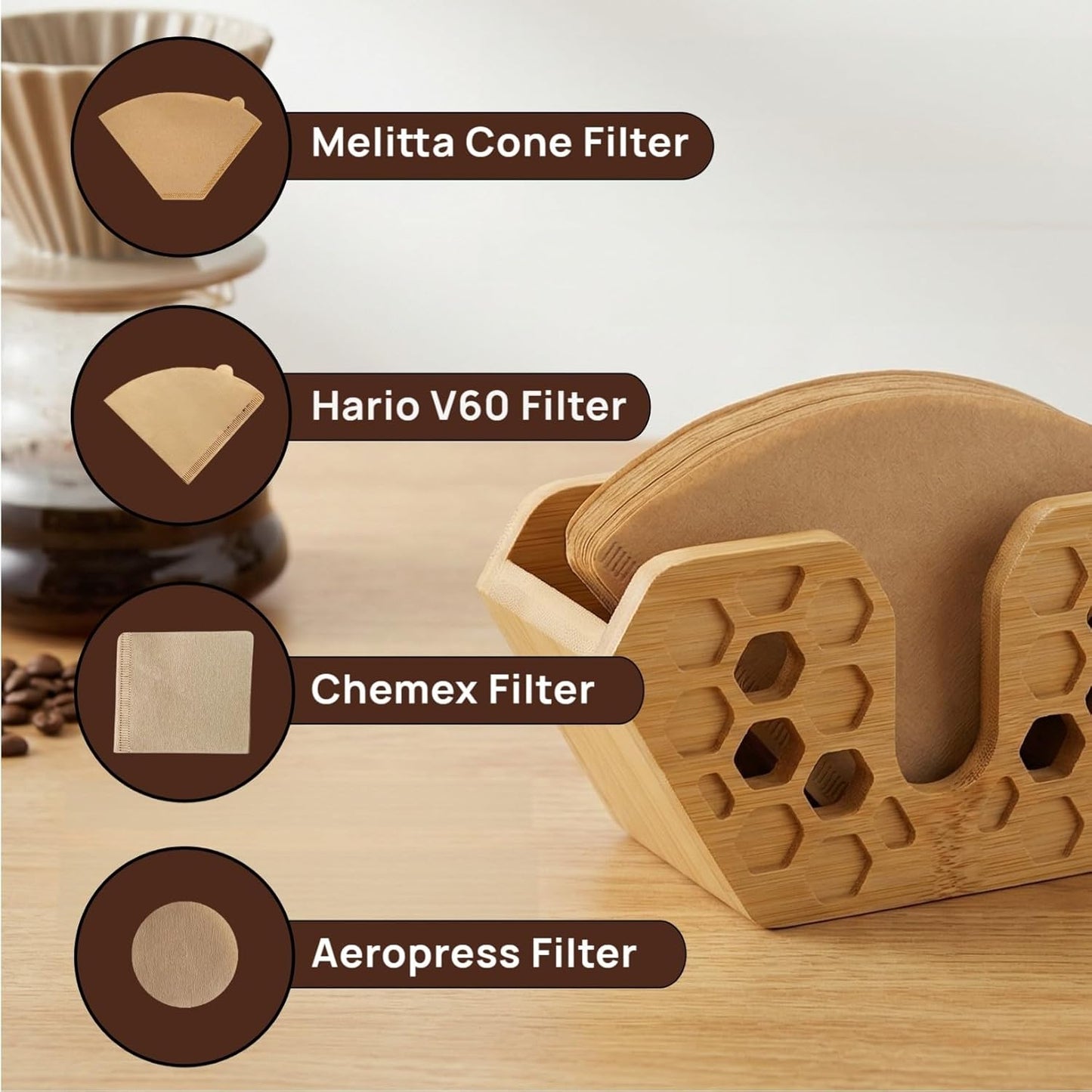 Soporte de filtro de café de bambú para Aeropress, Chemex, Hario V60
