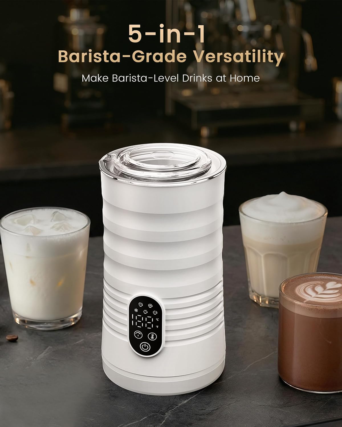 Espumador café con leche pantalla temperatura base sin quemaduras