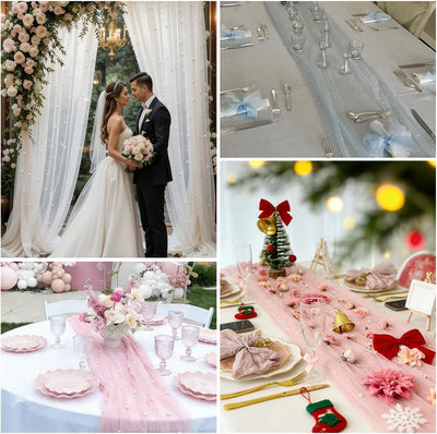 Camino mesa tul rosa 120pulg con perlas decoración boda cumpleaños