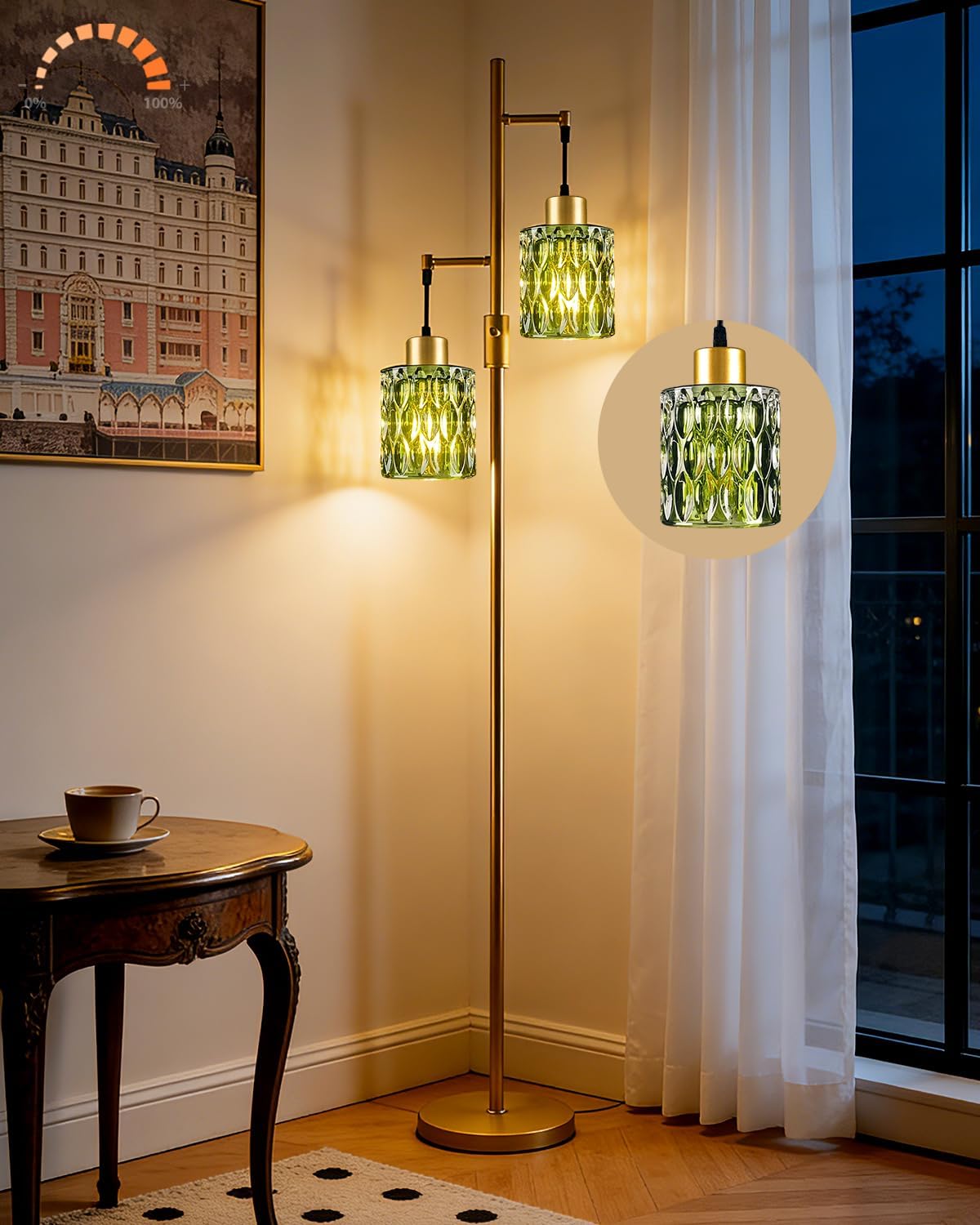 Lámpara pie cristal 65pulg 2 luces doradas moderna sala dormitorio