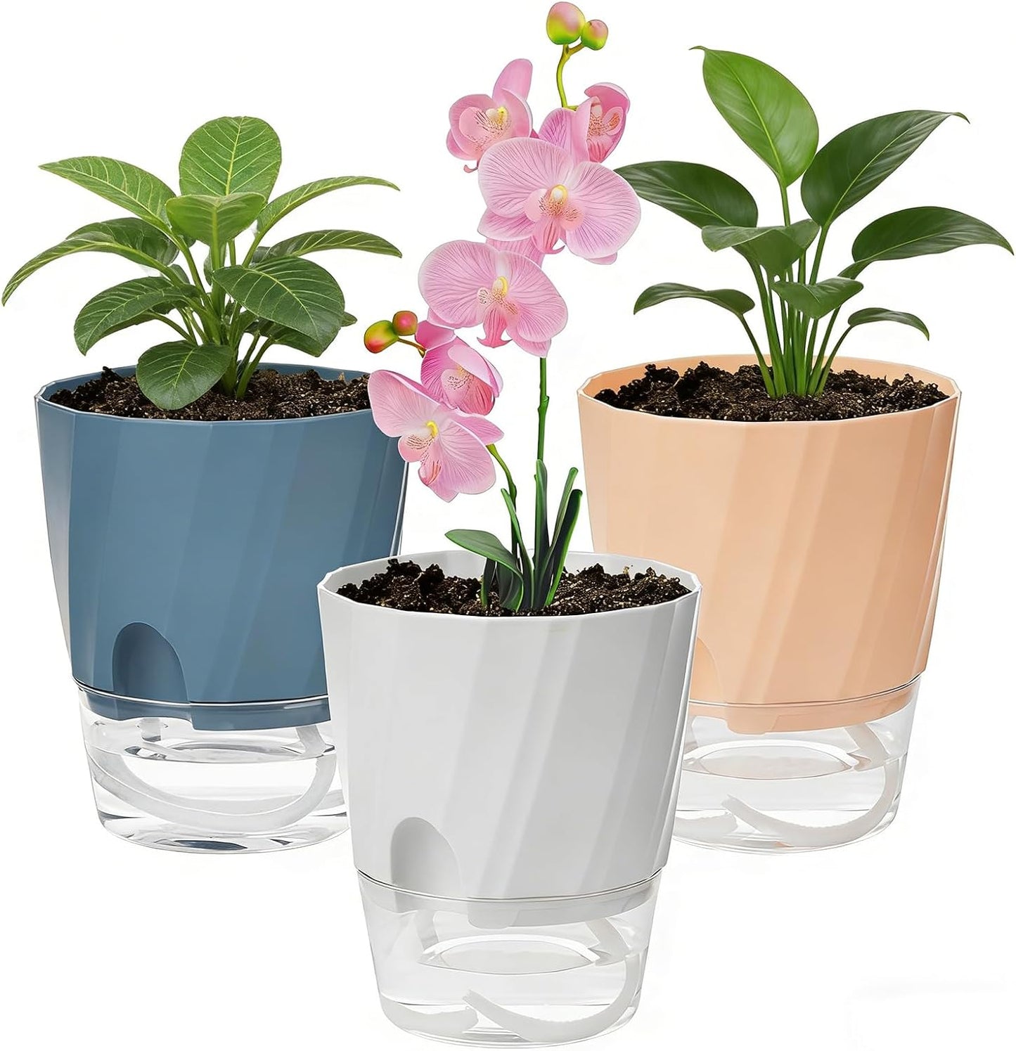 Macetas riego automático 4.7pulg set 3 con platillos decorativas