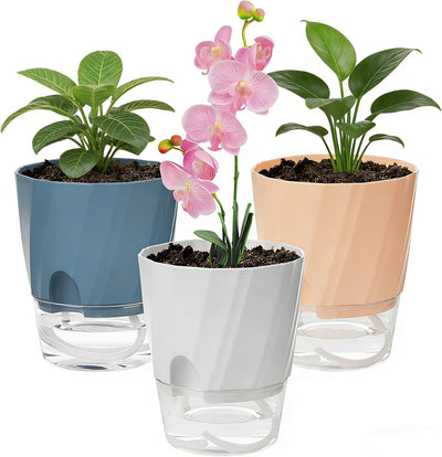 Macetas riego automático 4.7pulg set 3 con platillos decorativas