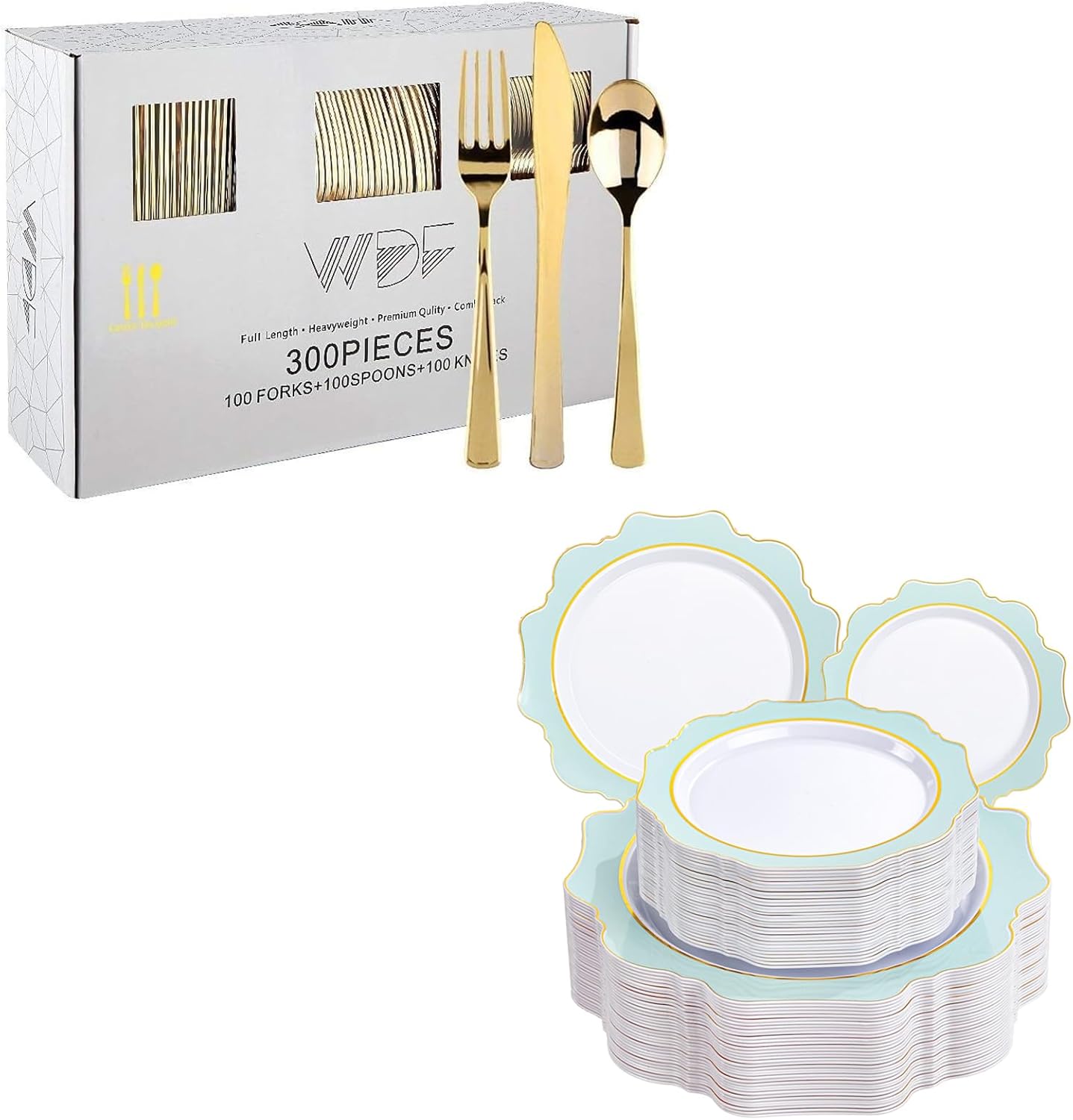 Set 400 Pzas Utensilios Plástico Oro y Platos Plástico Verde Menta