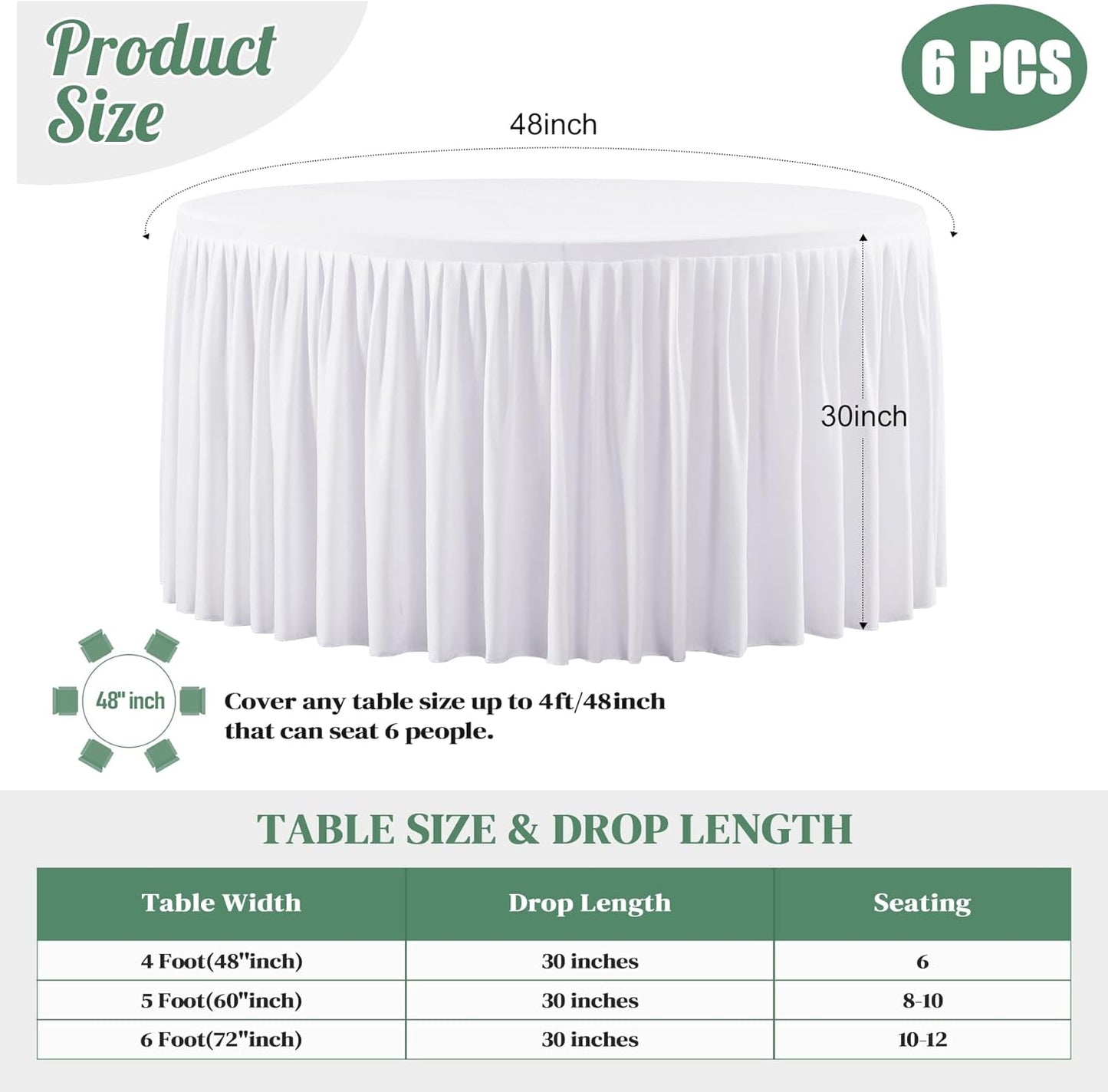 6 Manteles Elastano Blanco para Mesa 48pulg Ajustable Bodas