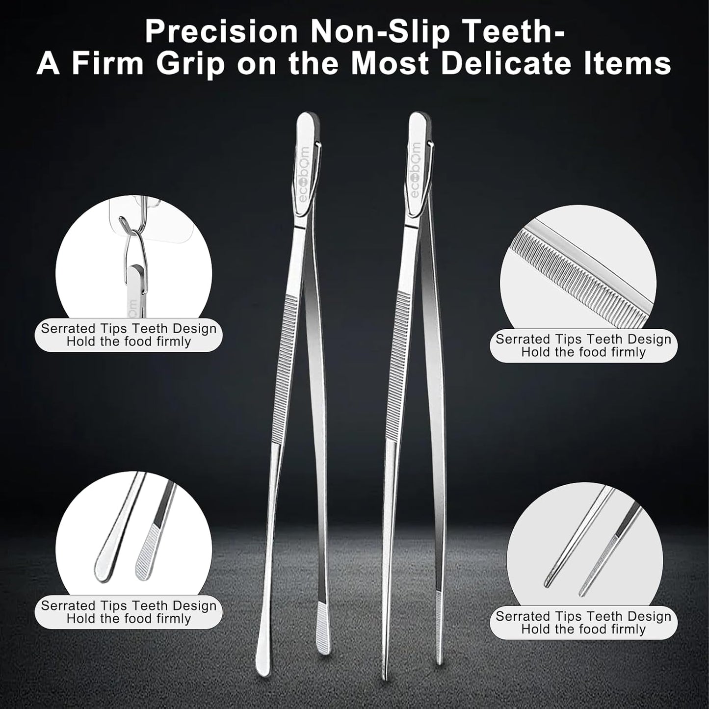 Pinzas de cocina de acero inoxidable dentadas doble punta con gancho