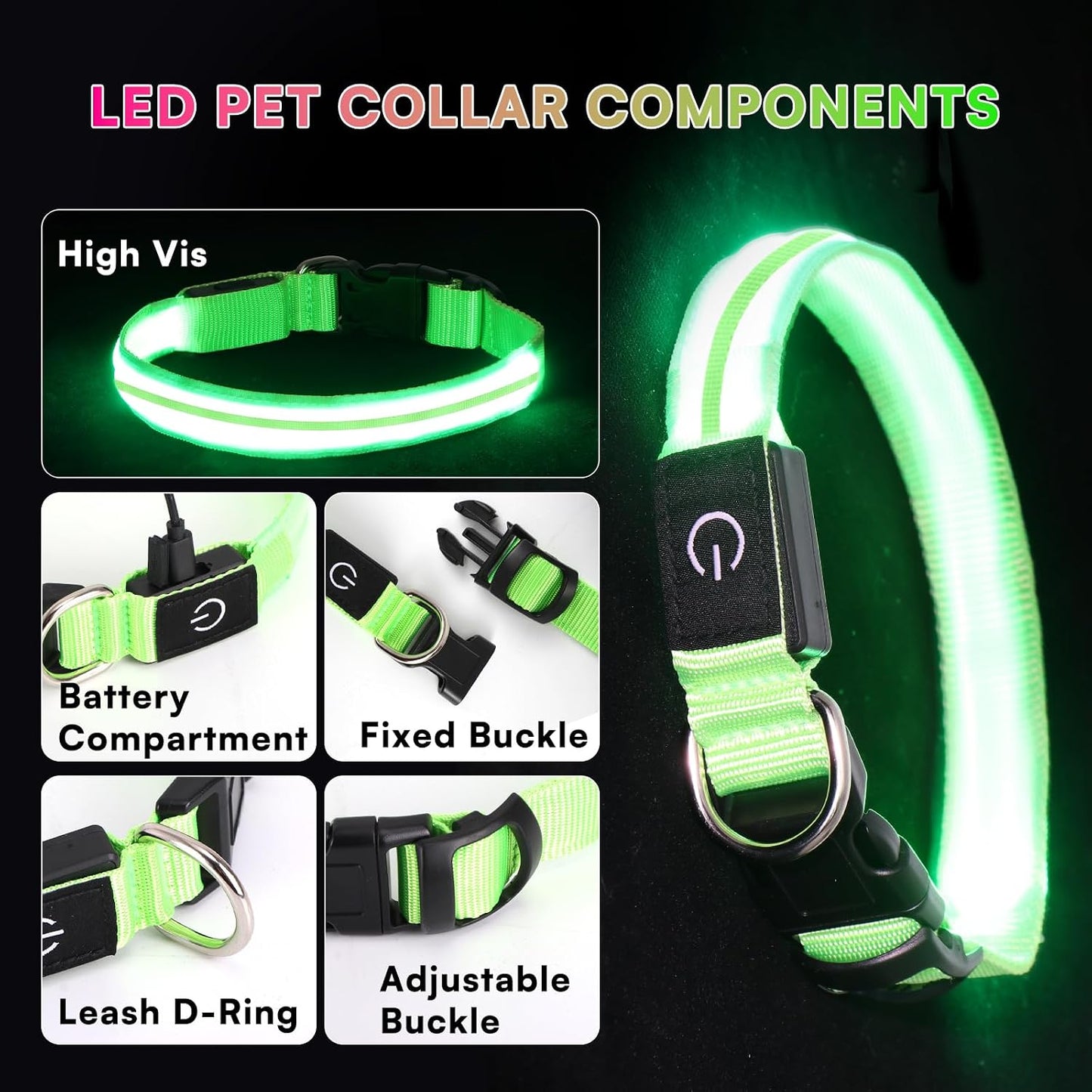 Collar perro con luz LED recargable 3 modos seguridad