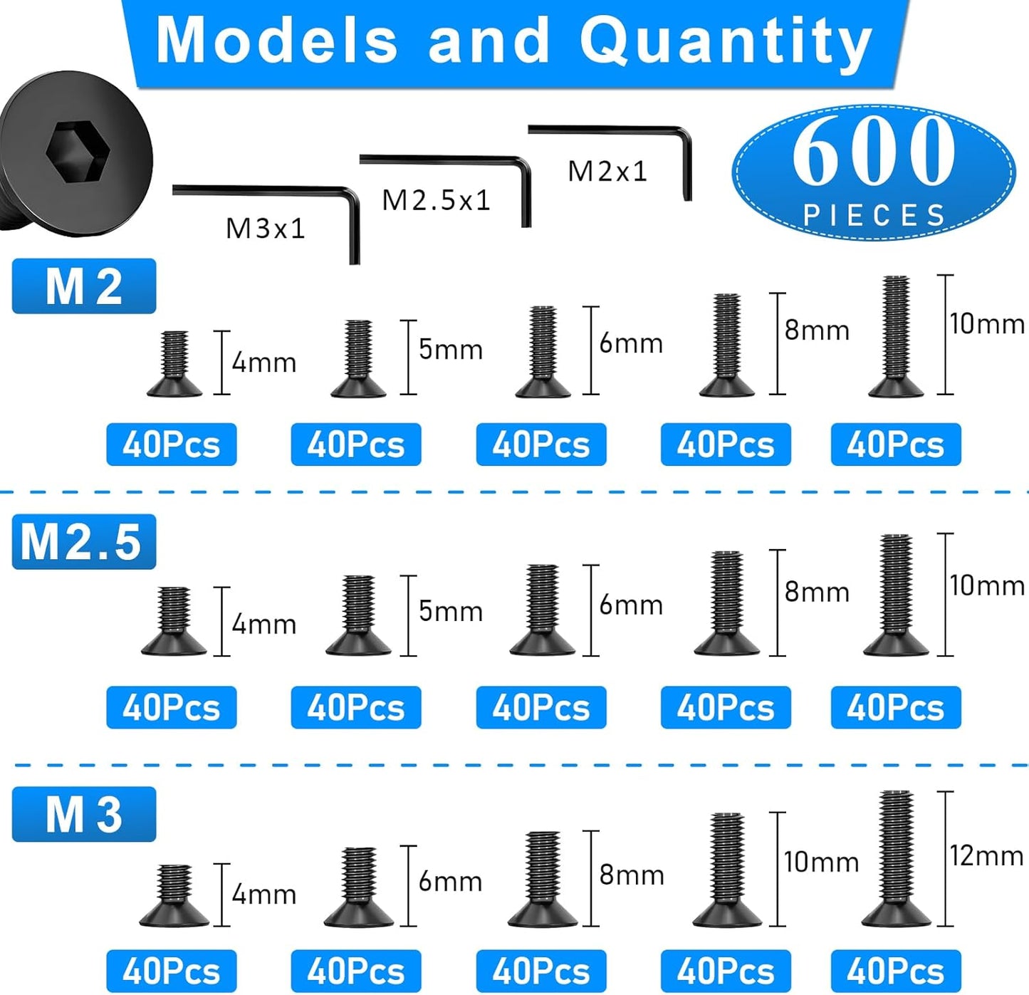 Set 600 tornillos hexagonales M2-M3 con llave