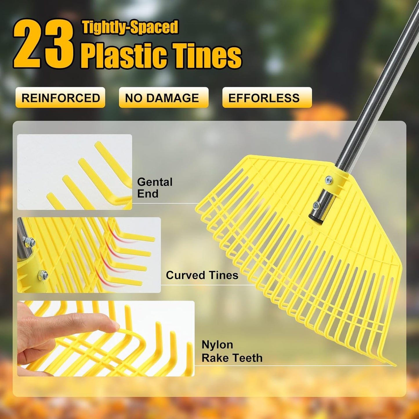 Rastrillo nailon 16.5pulg mango 45pulg para césped
