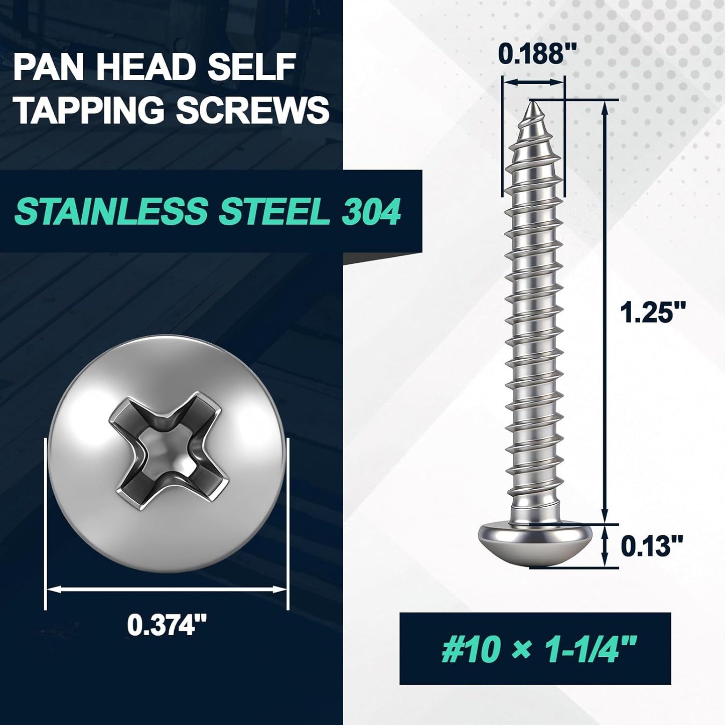 Set 100 tornillos acero inox 10x1-1/4 pulg comp barco