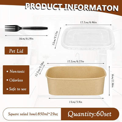 120 Pzas Cuencos Papel Kraft con Tapas y Palillos 29-35oz