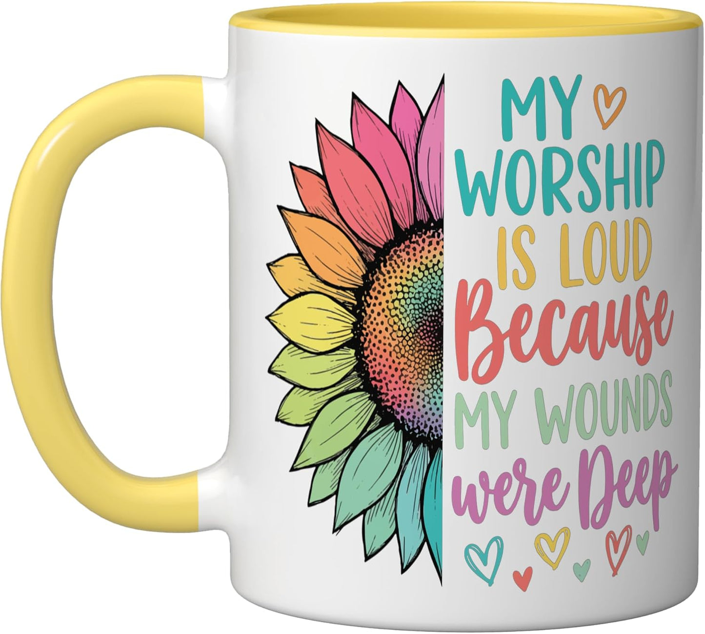 Taza de cerámica Mi adoración es fuerte porque mis heridas fueron profundas amarillo/blanco