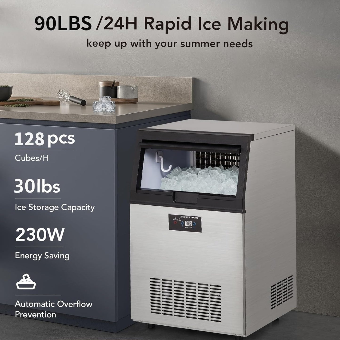 Máquina para hacer hielo capacidad 30 lb contenedor 32 cubos ciclo