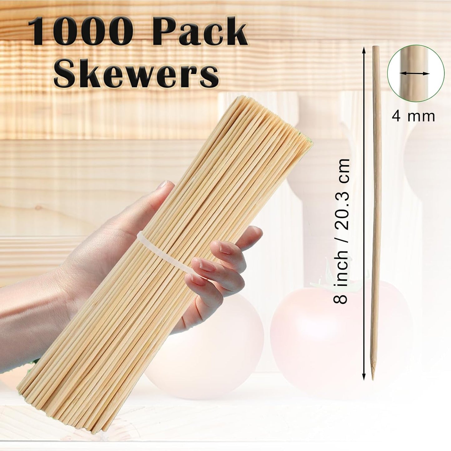 1000 Brochetas Bambú 8pulg Palos Madera Natural