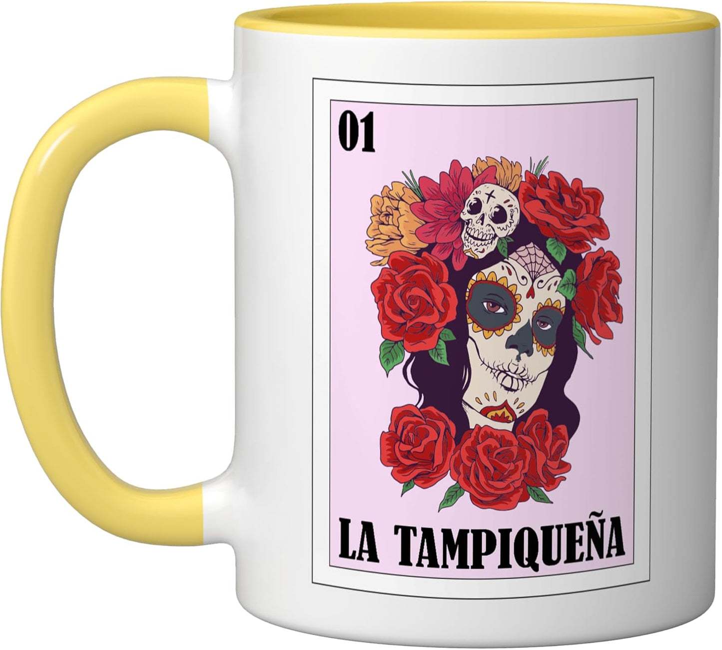 Taza cerámica Tampico México La Tampiqueña amarilla/blanca