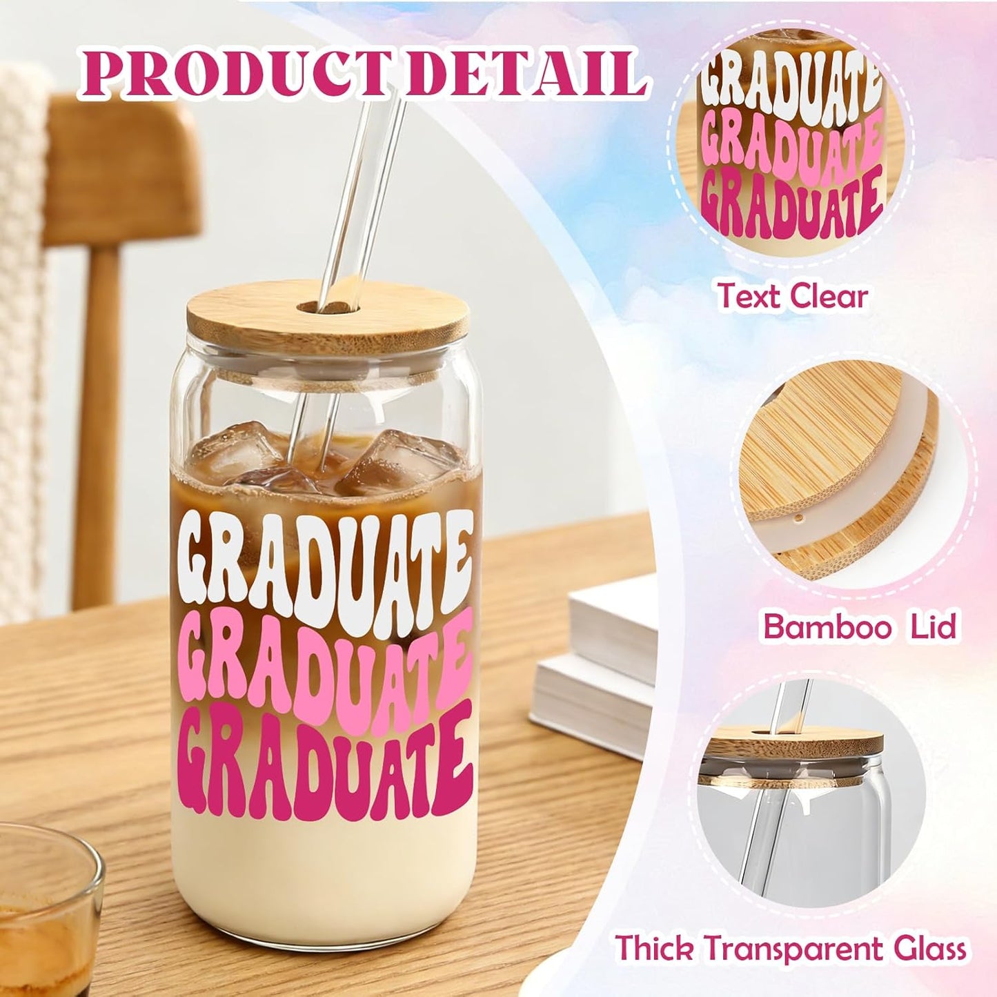 Taza de vidrio GRAD con tapa de bambú y popote, regalo de graduación 2026