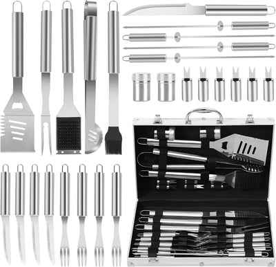 Juego 26 pzas accesorios parrilla acero inox estuche aluminio