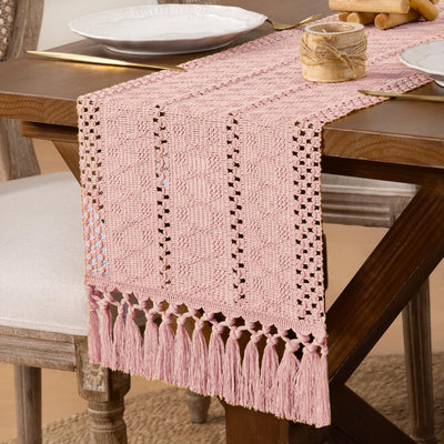 Camino de mesa bohemio de macramé con borlas 60 pulgadas algodón rosa y lino