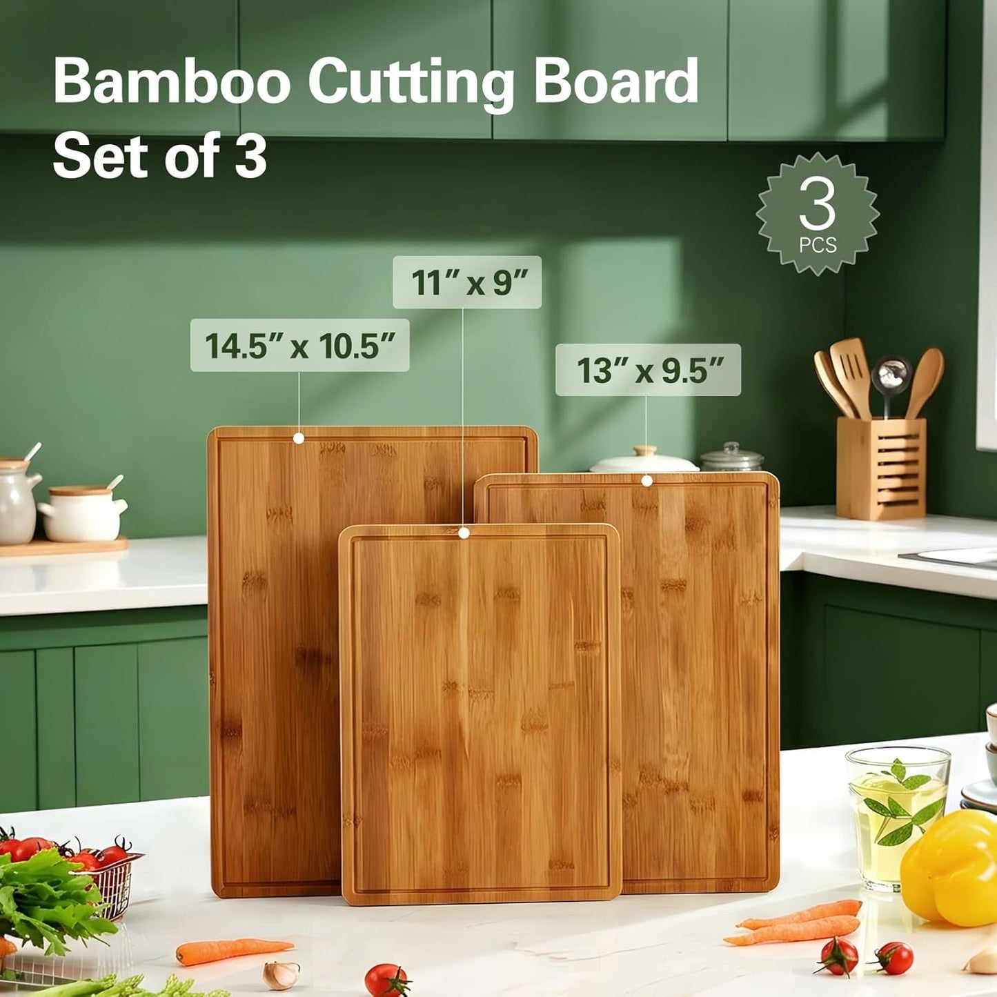 Tabla de cortar de bambú para cocina, 3 piezas con ranuras para jugo y asas