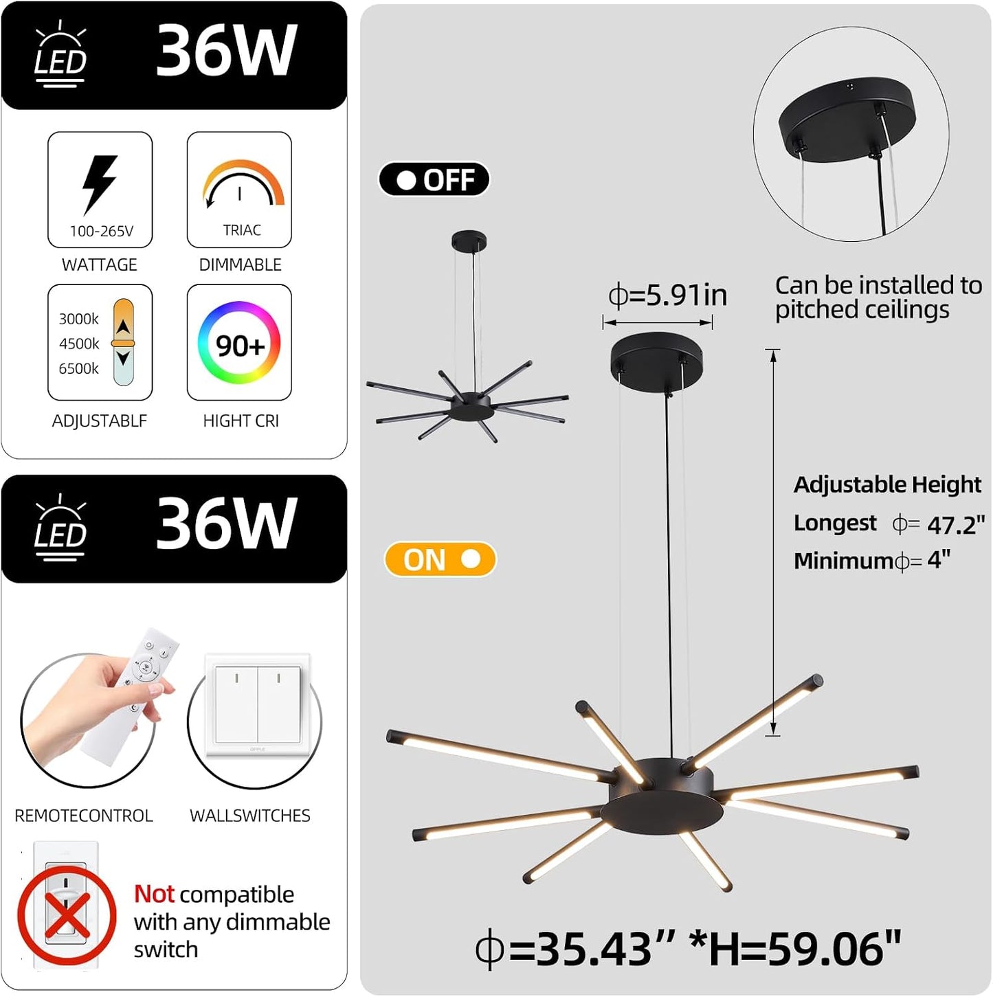 Lámpara Sputnik 35.43pulg 8 luces LED regulable