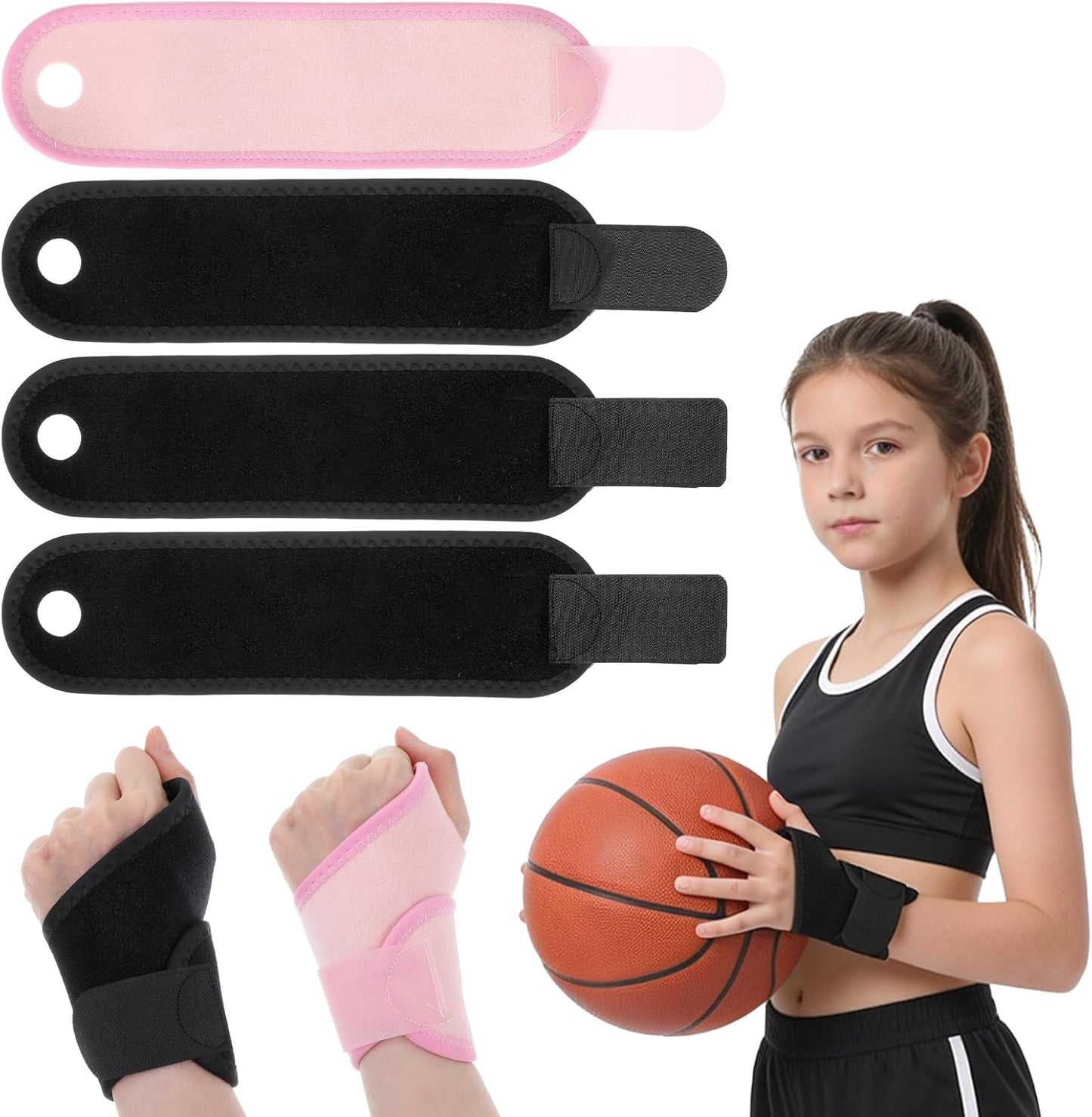 4 Pzas Muñequera Ajustable para Niños Deporte y Sueño Negro Rosa