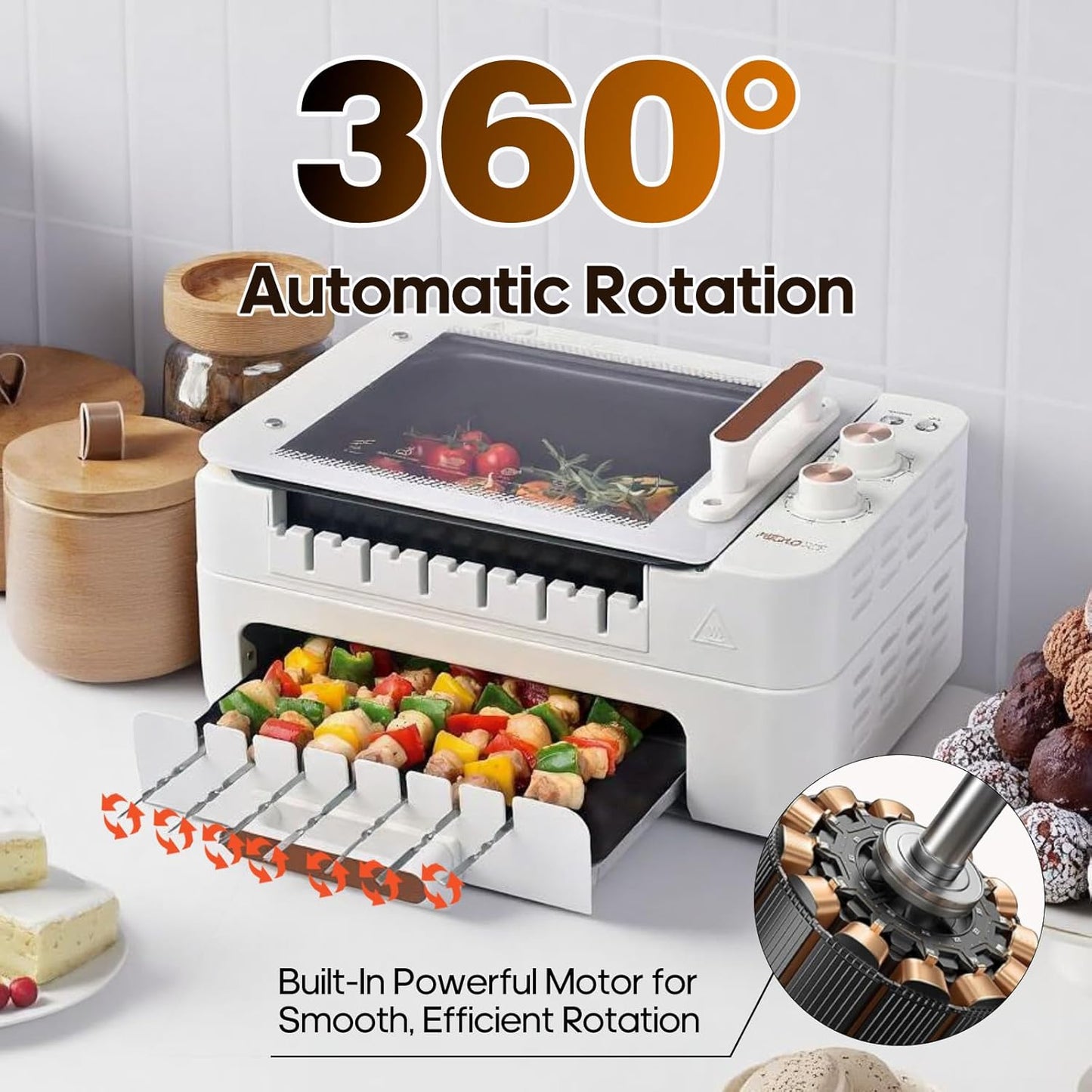 Parrilla eléctrica 3en1 1000W rotación 360° con tapa