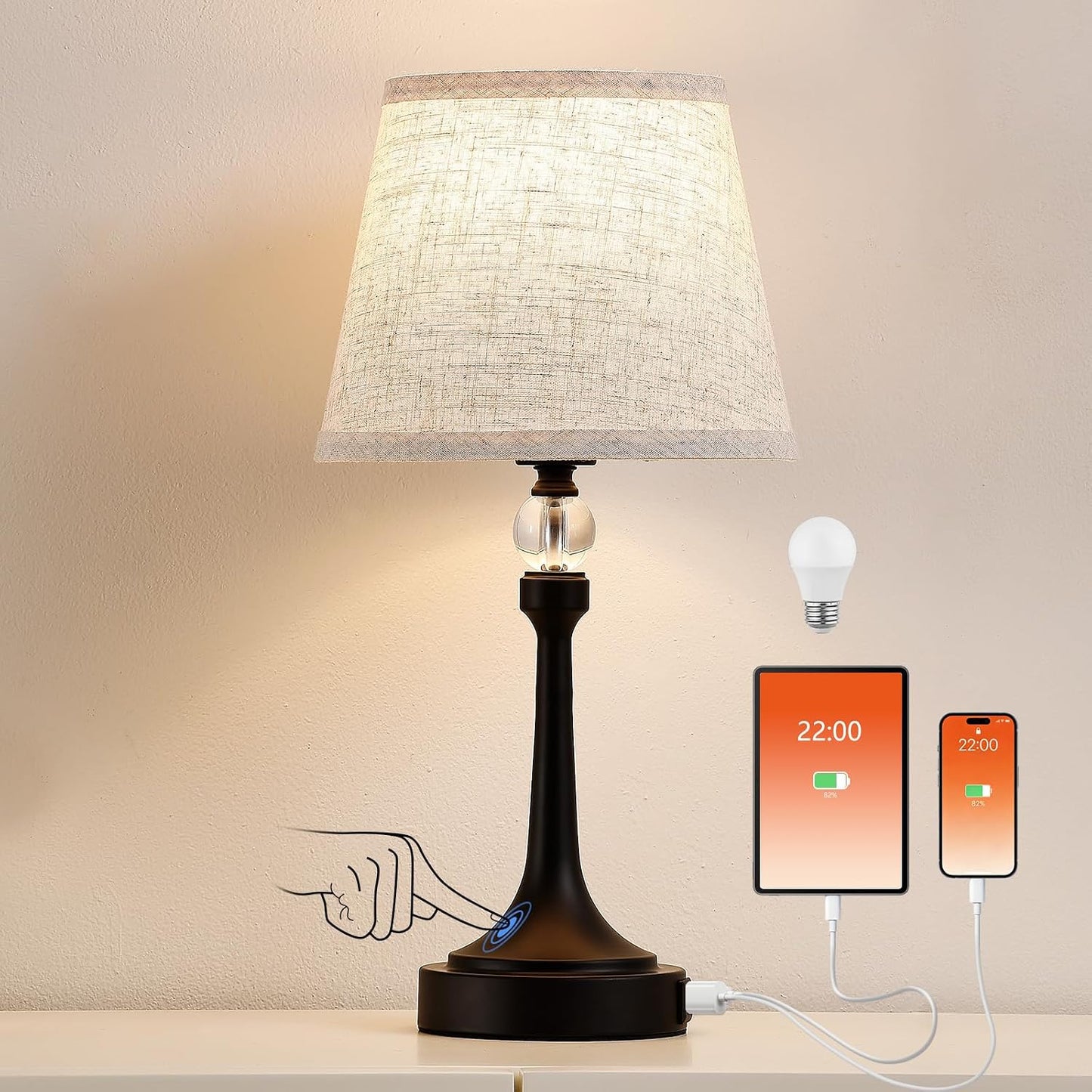 Lámpara mesa táctil 19.7pulg sala dormitorio oficina con USB