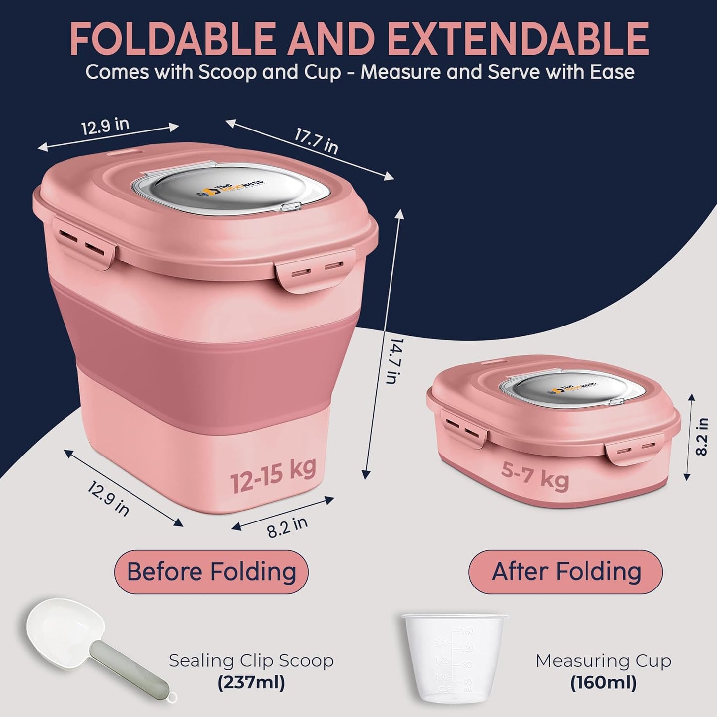 Contenedor alimento perro 30-35lb plegable tapas herméticas rosa