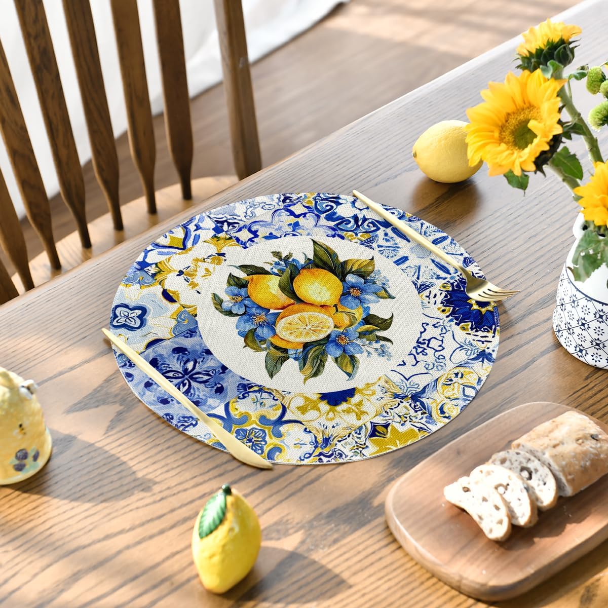 Manteles individuales redondos de porcelana azul limón y blanco 14" para fiestas