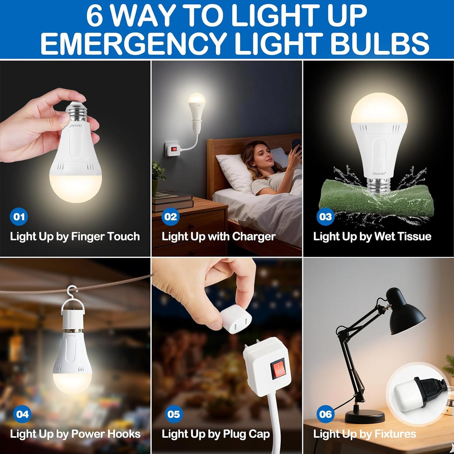 Bombillas LED recargables A19 E26 9W 3000K paquete 6