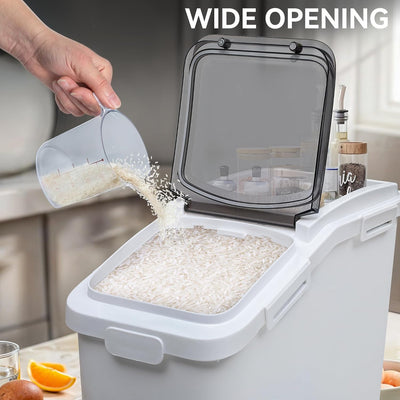 Contenedor arroz 65L con taza medidora sin BPA ruedas
