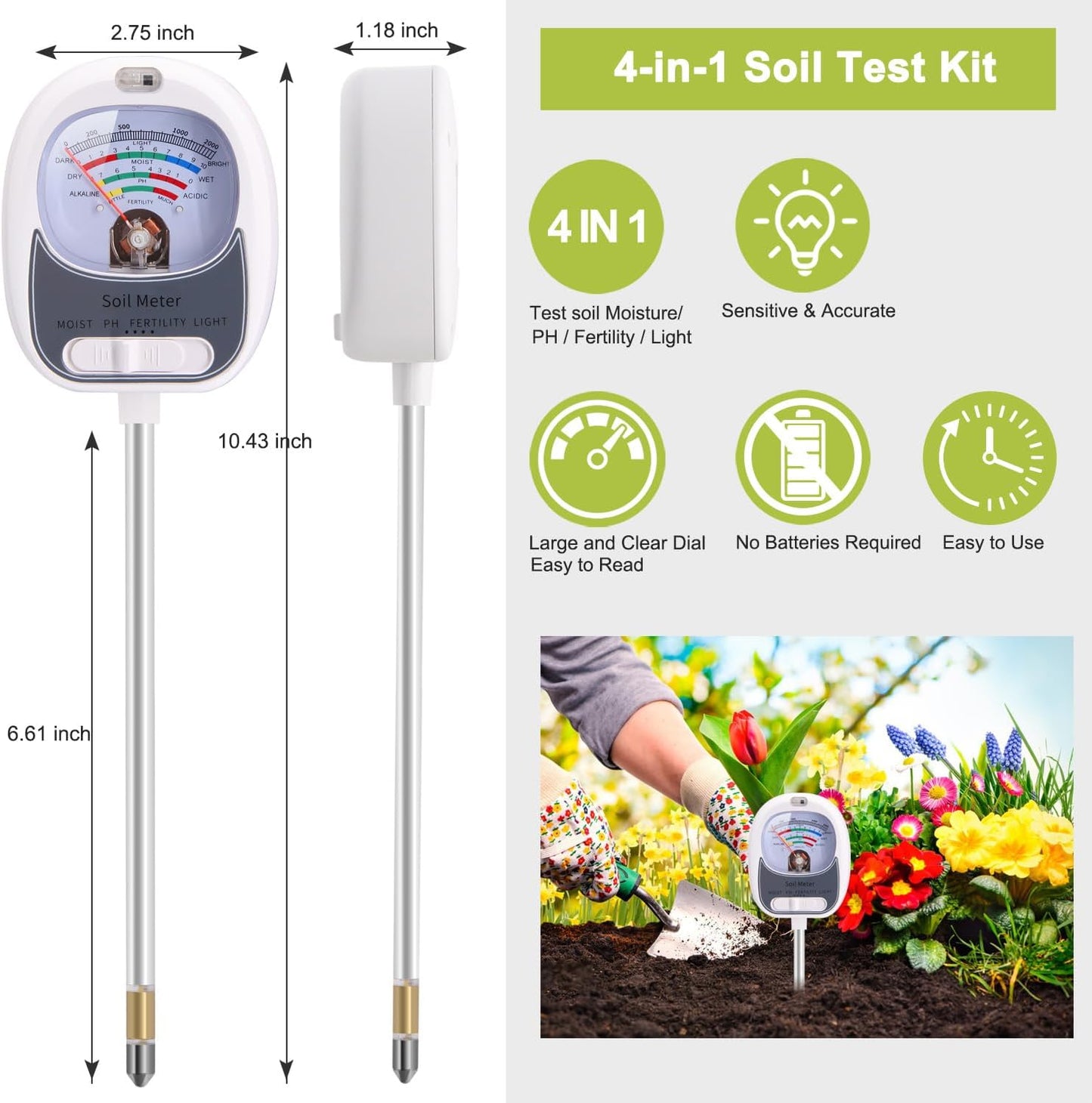 Kit prueba suelo 4en1 medidor humedad pH fertilidad luz solar
