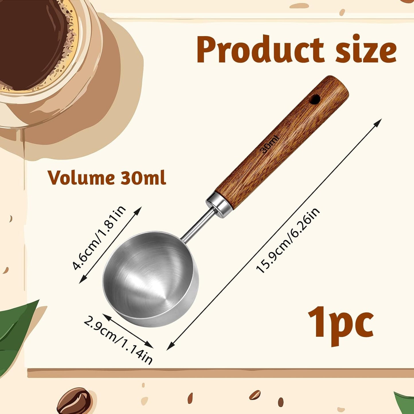 Cuchara medidora café acero inox mango nuez 1oz