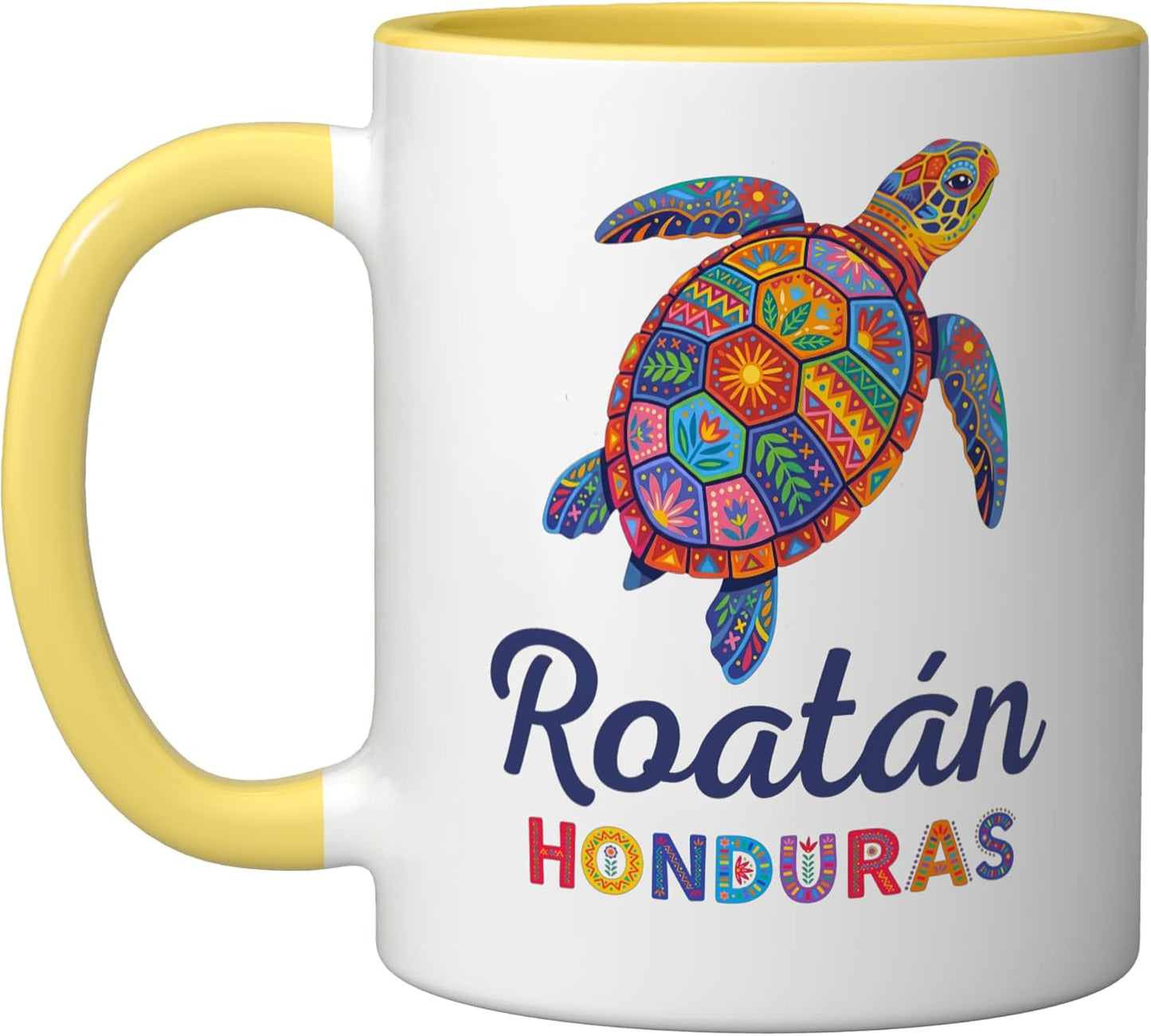 Taza de cerámica Roatan Honduras color amarillo y blanco
