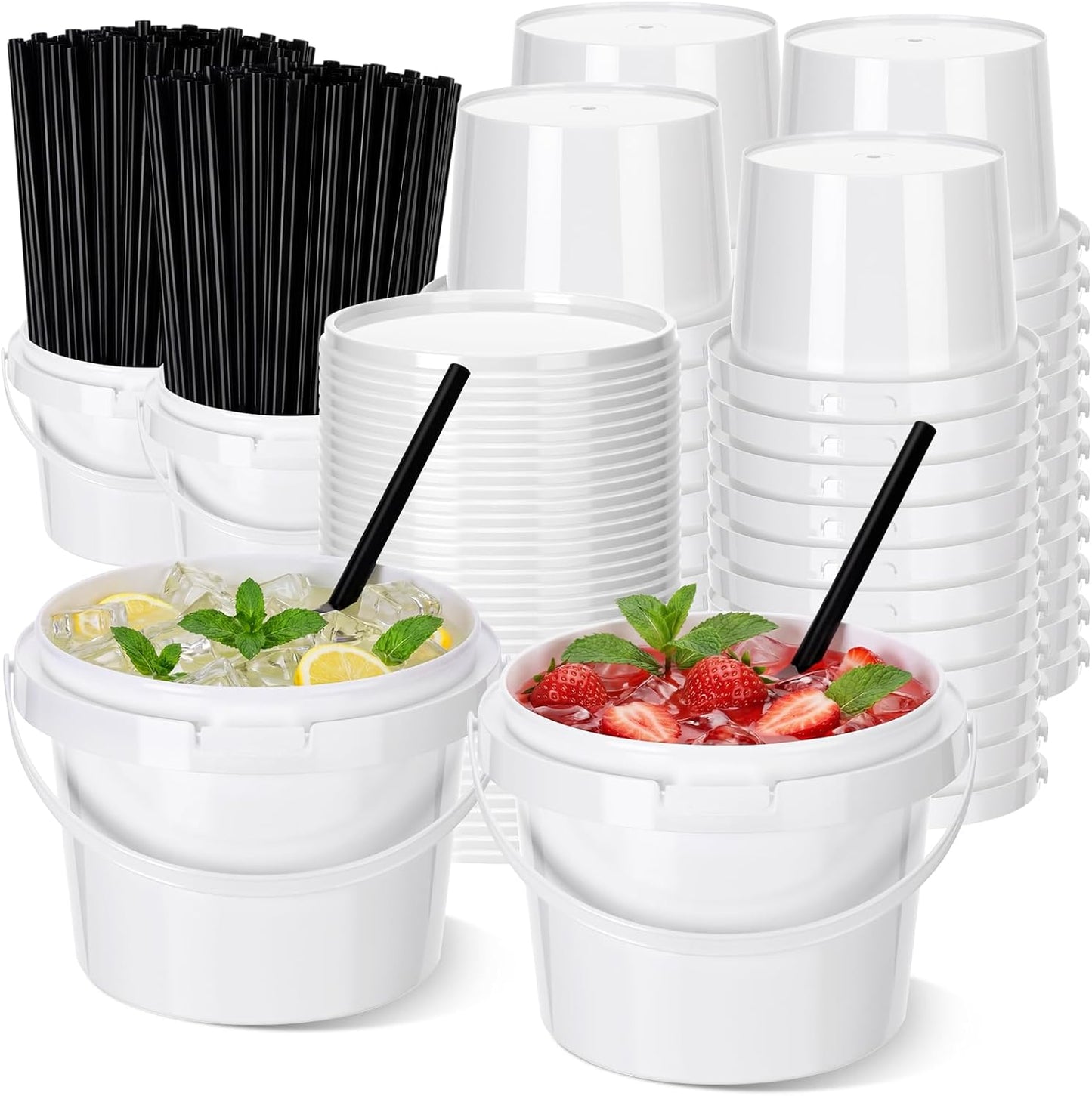 Pack 100 Cubos Plástico Ron 17oz Con Tapa y Popote