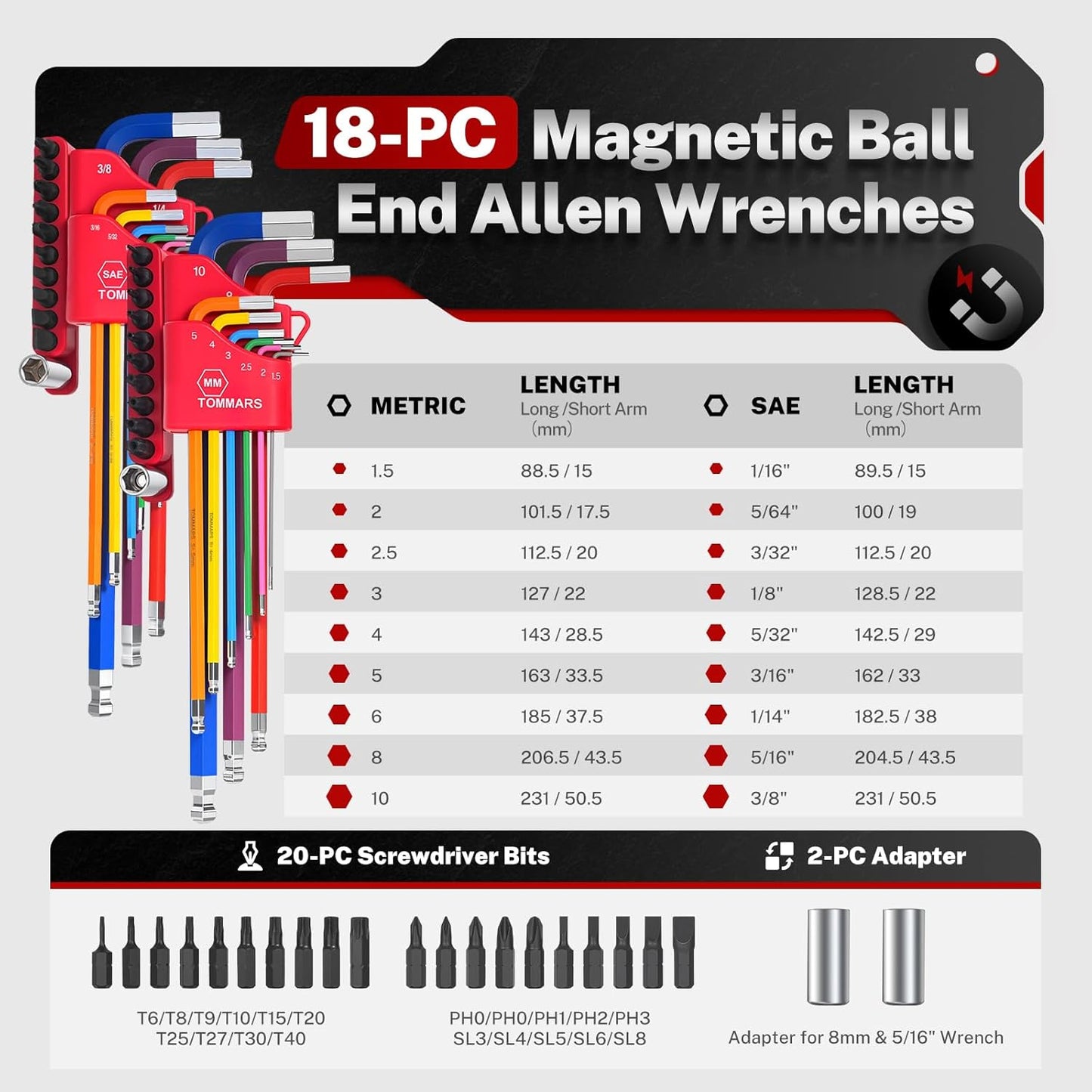 Juego 40 Pzas Llaves Allen Magnéticas Extremo Bola