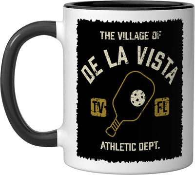 Taza cerámica The Village of De La Vista Pickleball diseño desgastado negro/blanco
