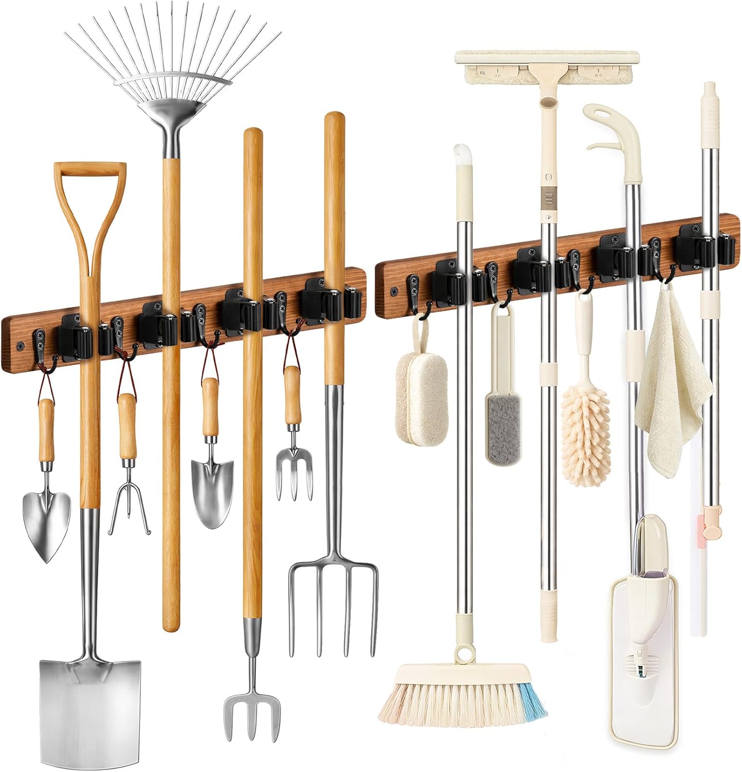 2 Pzas Soporte Escobas Madera Colgar Pared con Ganchos